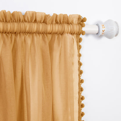 Elegant Comfort Set of 2 Pom Pom Tasseled Sheer Curtain - Rod Pocket