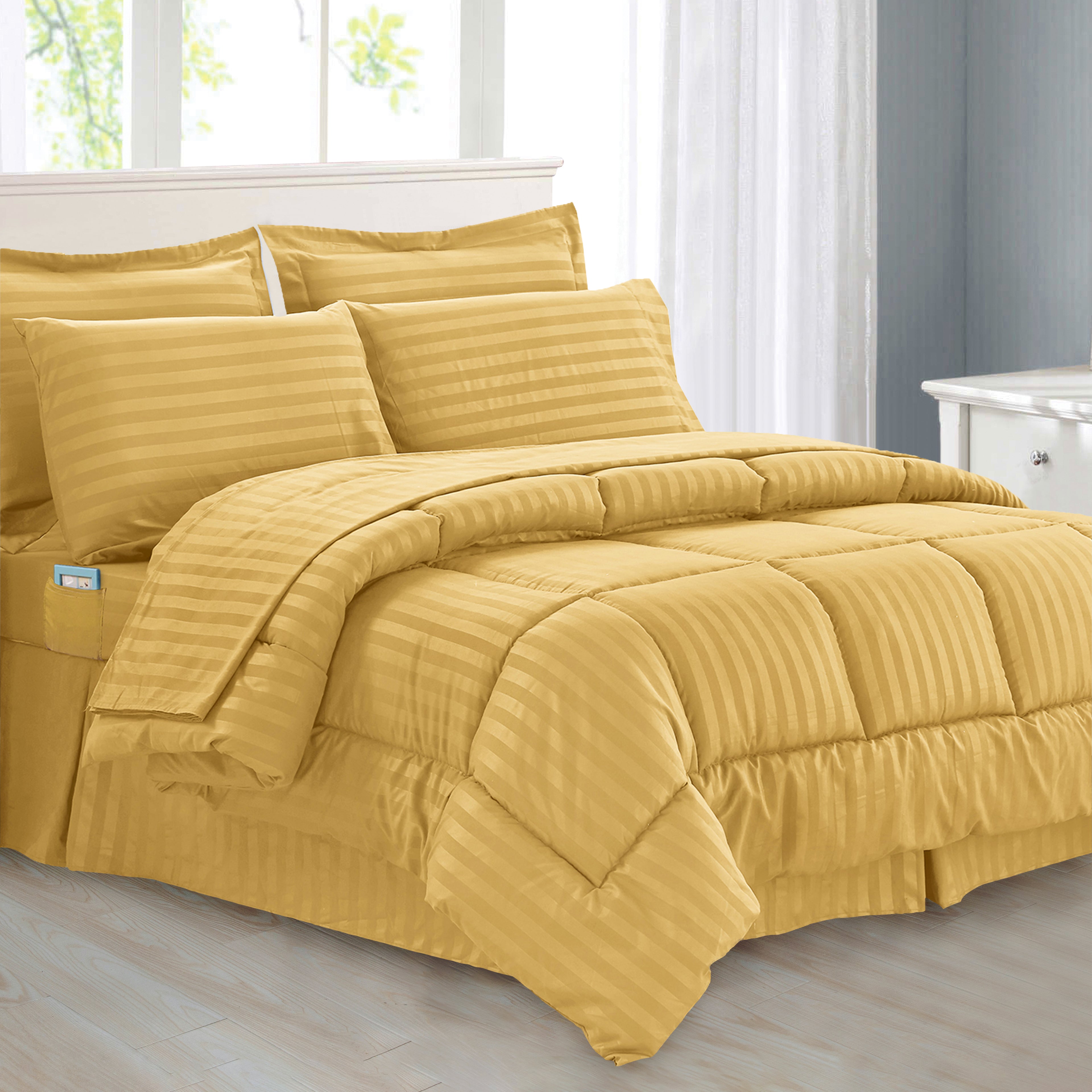 8-Piece Dobby Stripe Comforter Set - Includes 4-Piece Sheet Set with Double Sided Storage Pockets