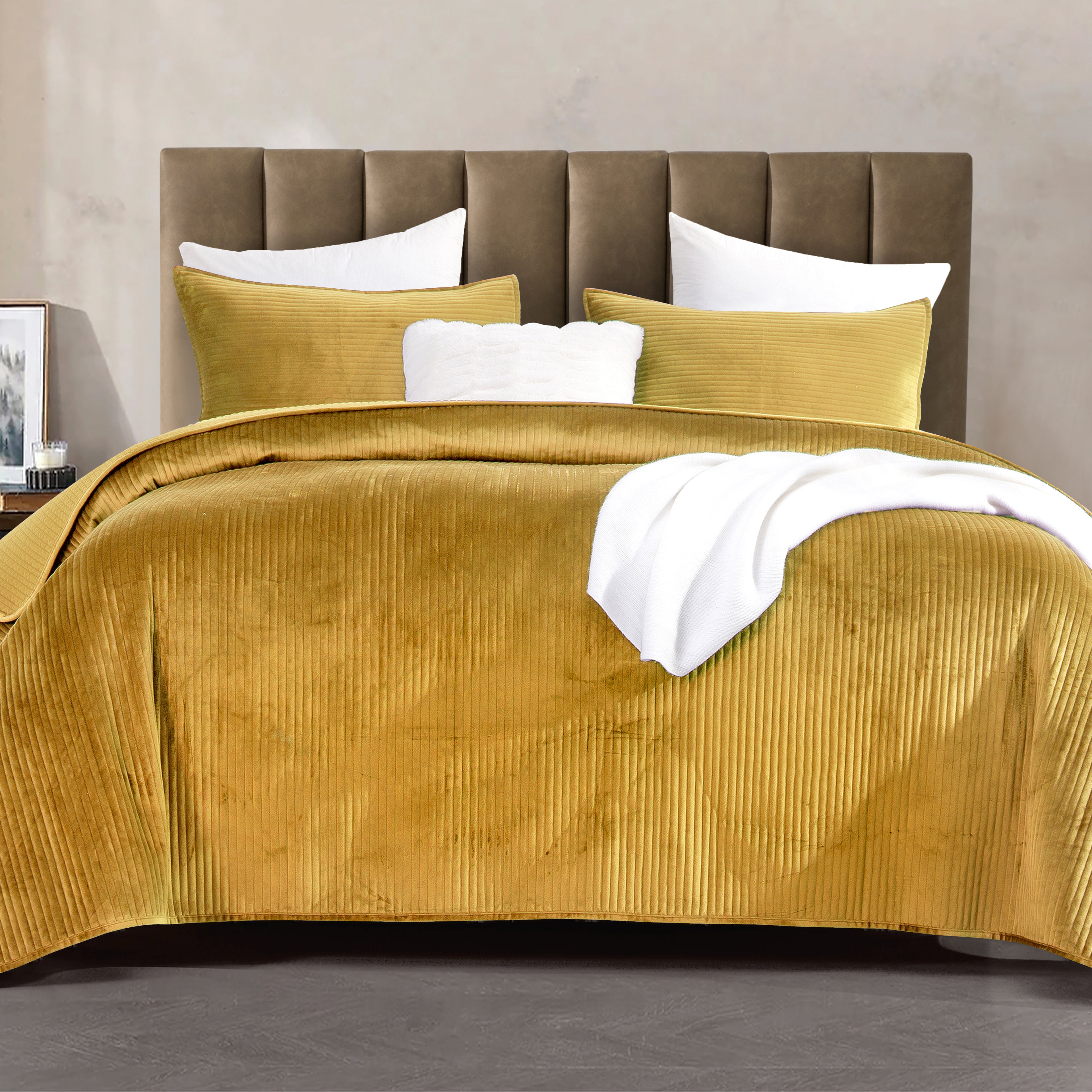 3-Piece Velvet Corduroy Stripe Quilted Bedspread Coverlet Set