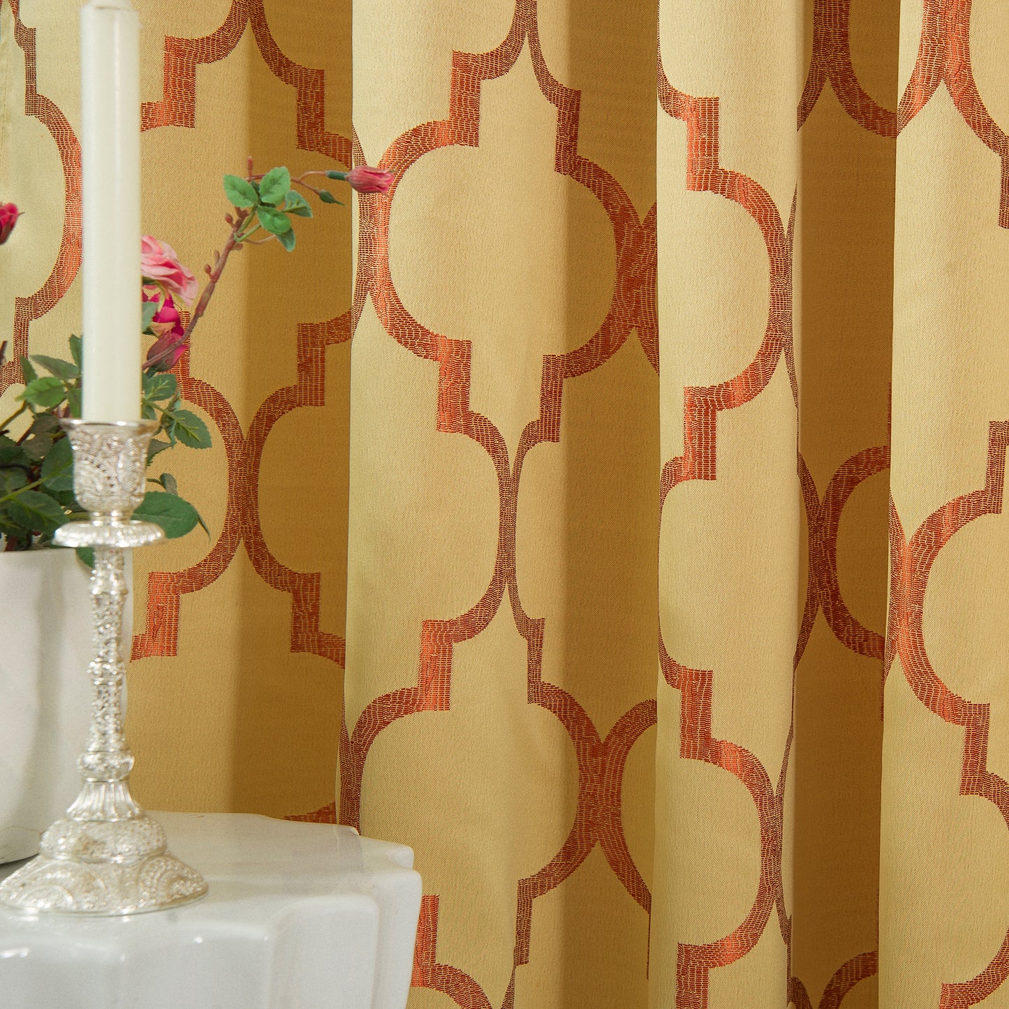 Elegant Comfort 2-Piece Quatrefoil - Moroccan Trellis Jacquard Look Curtain Panels- Attached Valance - 54" W x 84" L, Set of 2