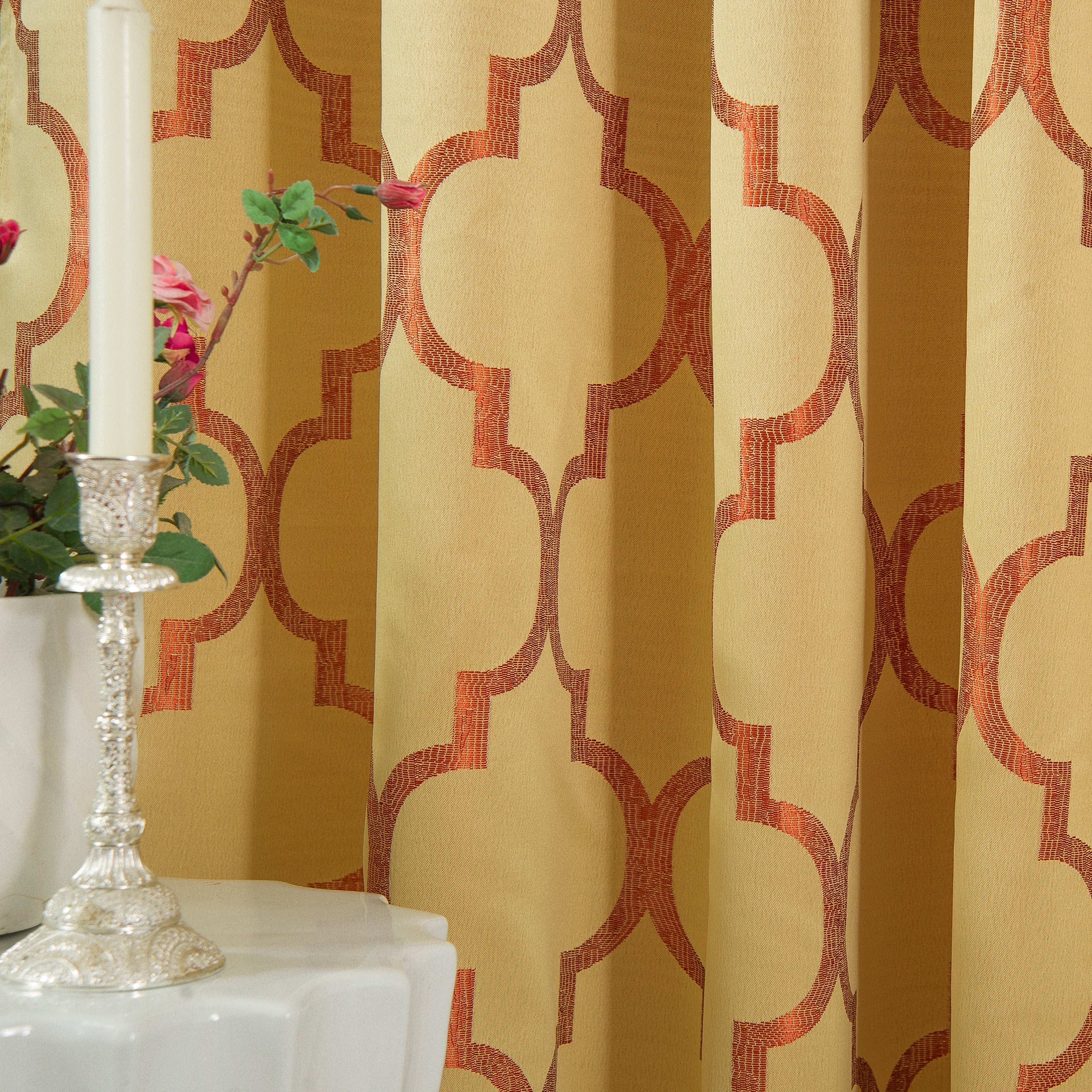 2-Piece Quatrefoil - Moroccan Trellis Jacquard Look Curtain Panels- Attached Valance - 54" W x 84" L, Set of 2