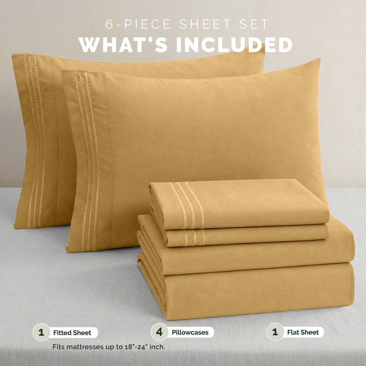 Extra deep Pocket 3 Line Embroidery, 6-Piece Sheet Set