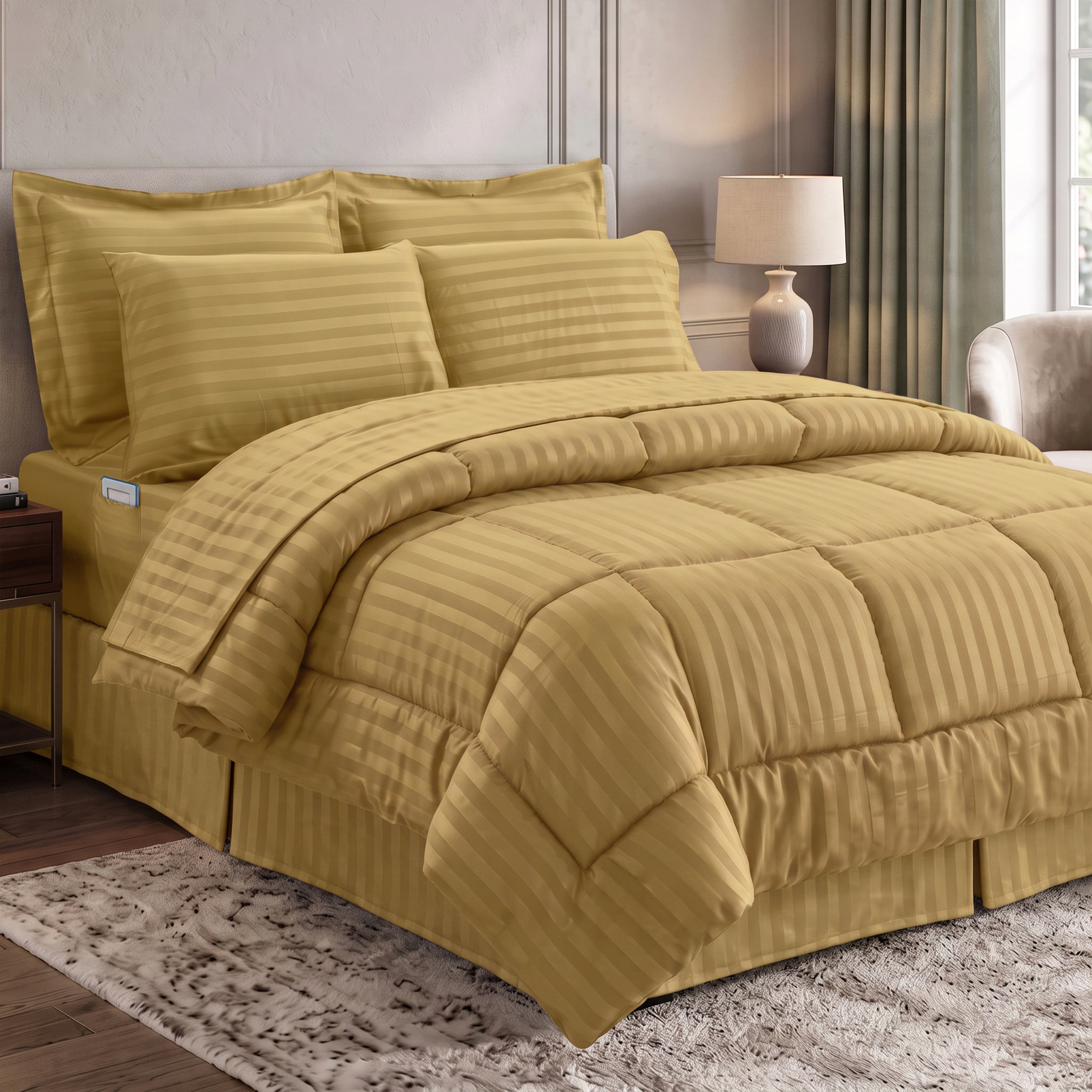 8-Piece Dobby Stripe Comforter Set - Includes 4-Piece Sheet Set with Double Sided Storage Pockets