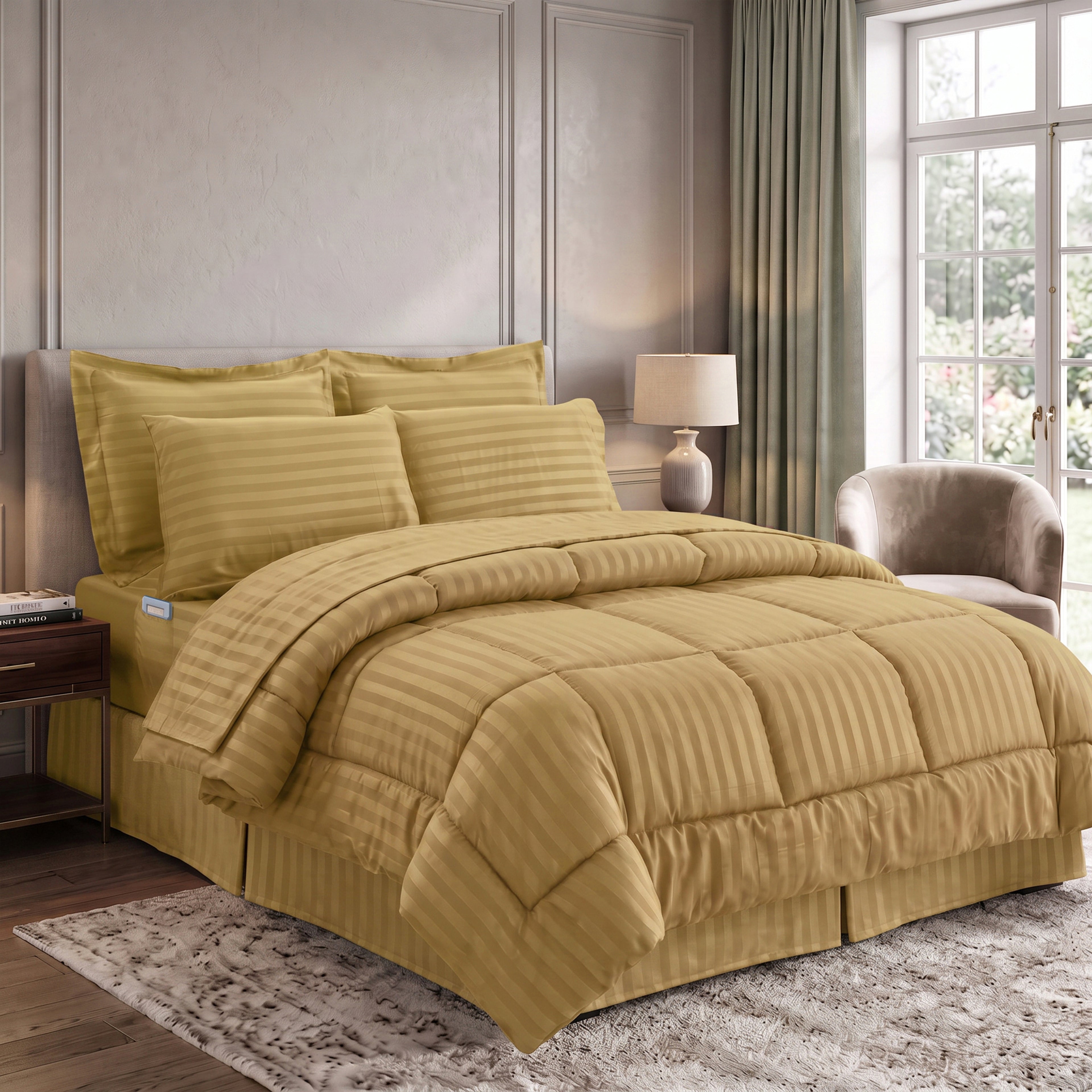 8-Piece Dobby Stripe Comforter Set - Includes 4-Piece Sheet Set with Double Sided Storage Pockets