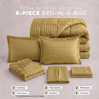 8-Piece Dobby Stripe Comforter Set - Includes 4-Piece Sheet Set with Double Sided Storage Pockets