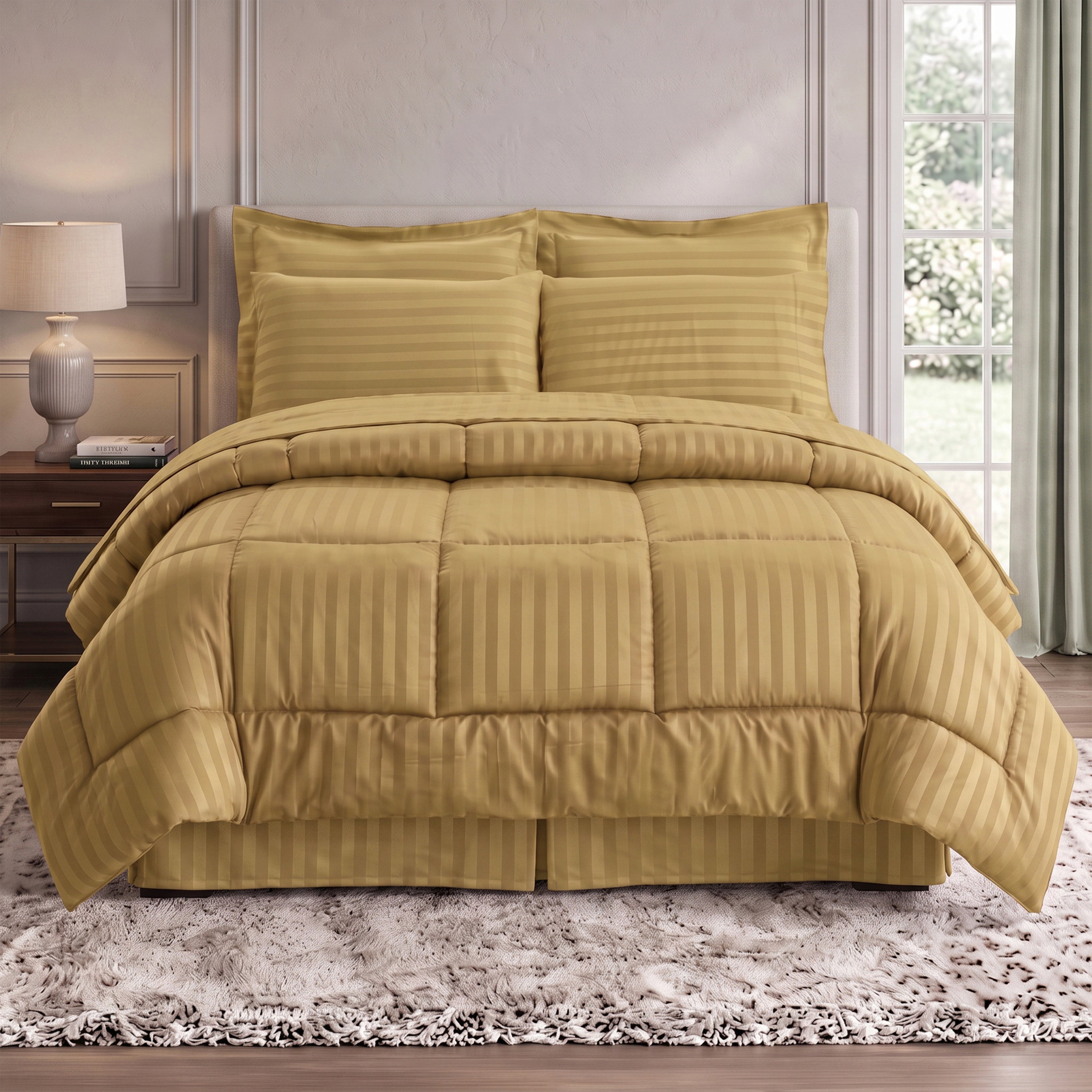 8-Piece Dobby Stripe Comforter Set - Includes 4-Piece Sheet Set with Double Sided Storage Pockets