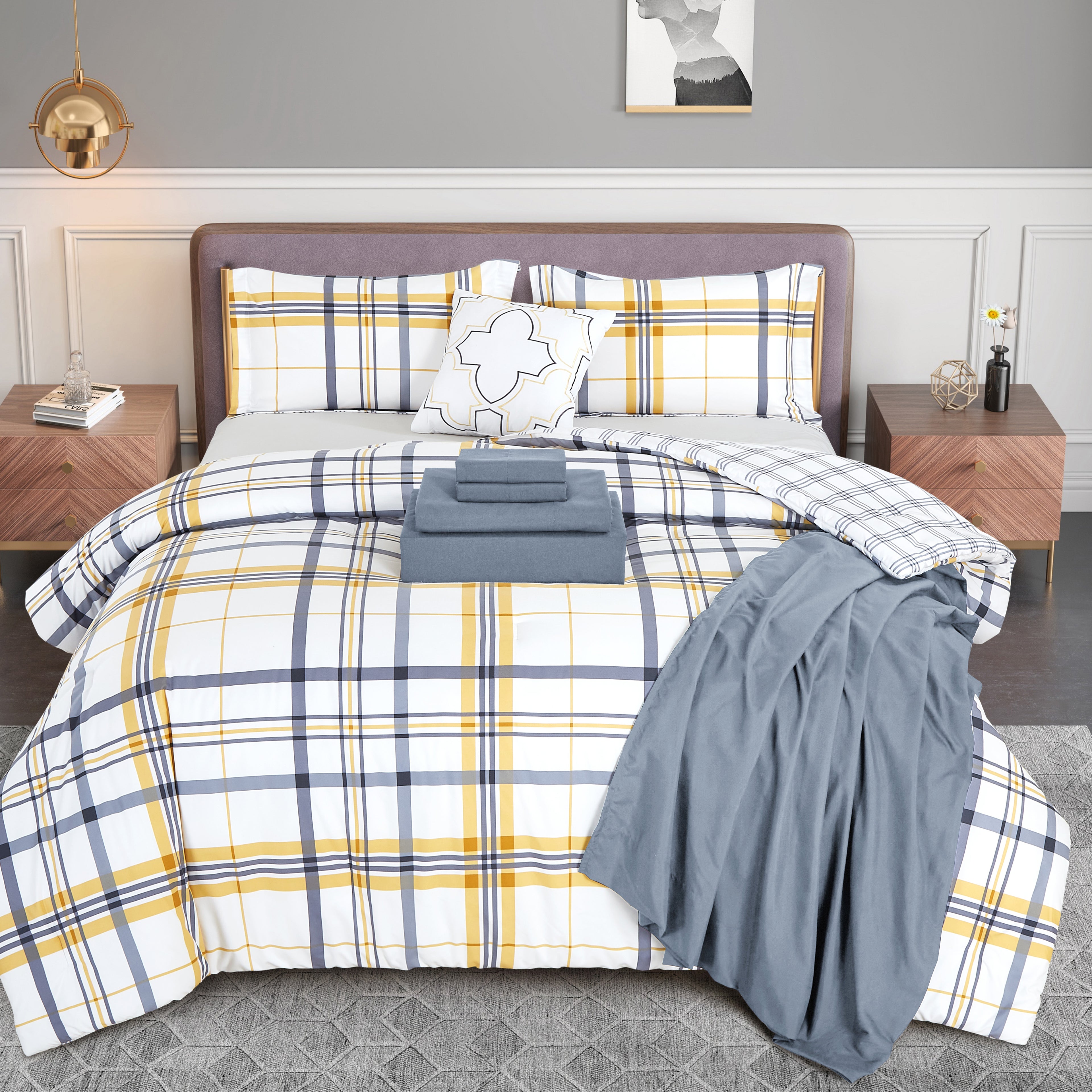 8-Piece Lodge Plaid and Patch Reversible Comforter Set - Includes 4-Piece Sheet Set with Double Sided Storage Pockets