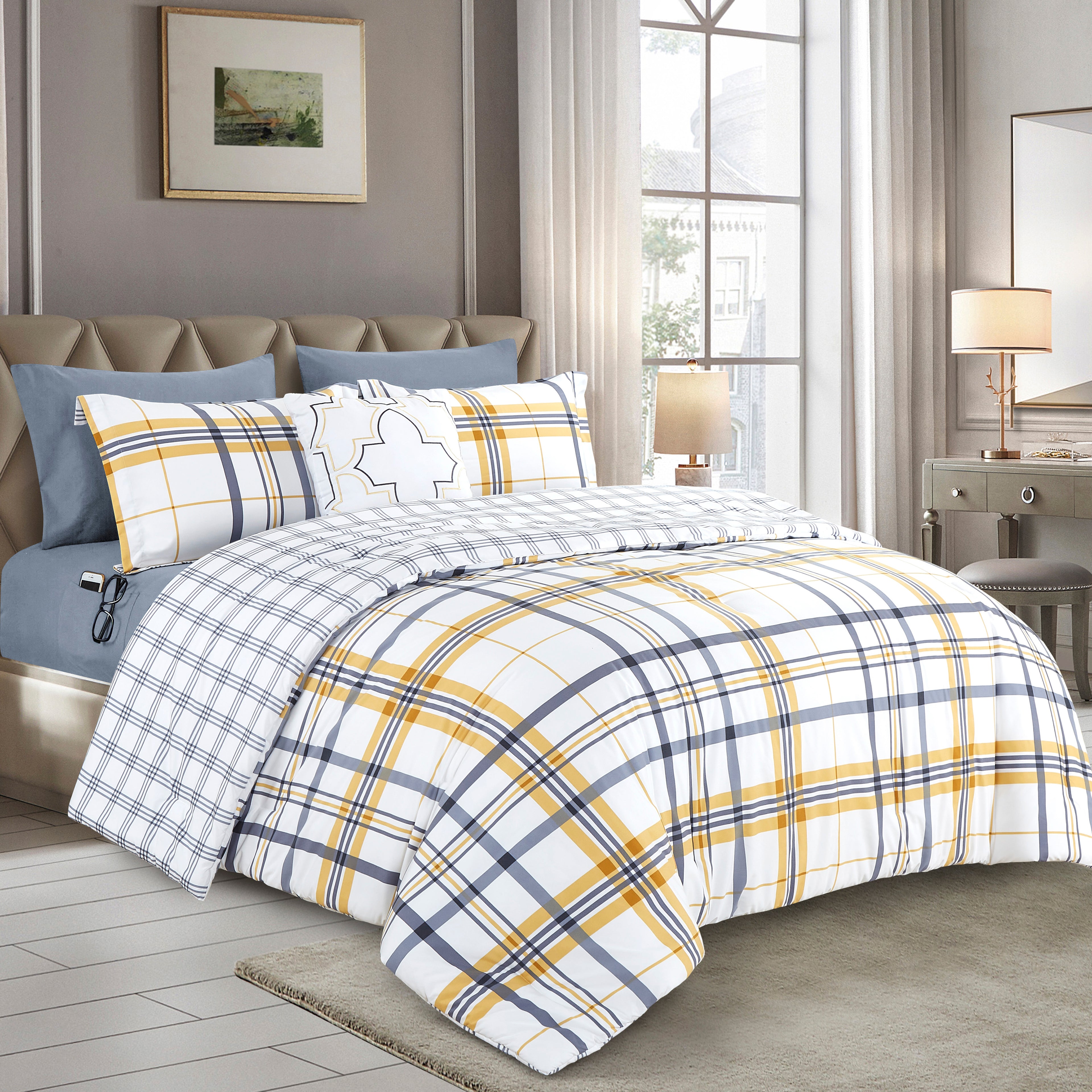 8-Piece Lodge Plaid and Patch Reversible Comforter Set - Includes 4-Piece Sheet Set with Double Sided Storage Pockets