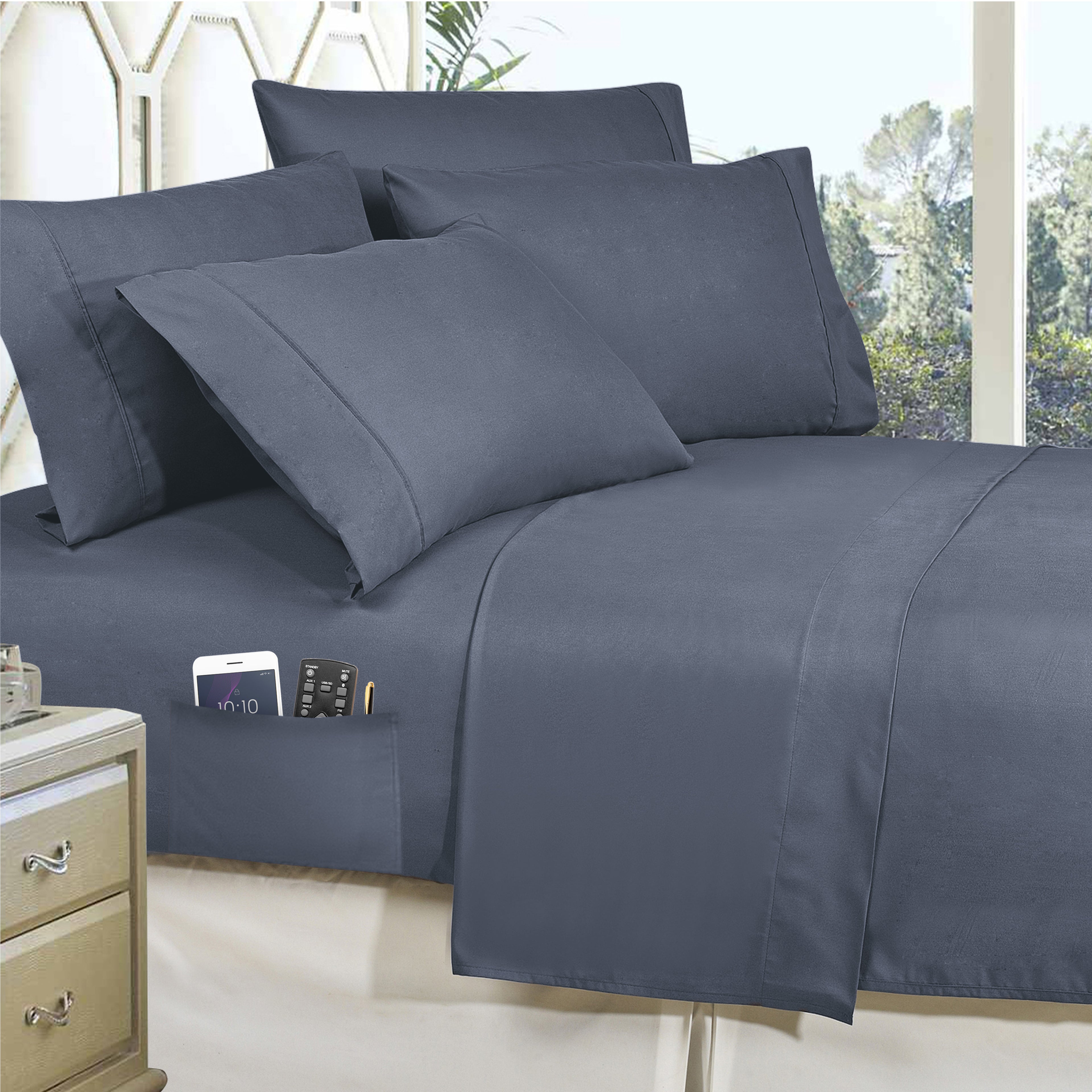 8-Piece Lodge Plaid and Patch Reversible Comforter Set - Includes 4-Piece Sheet Set with Double Sided Storage Pockets