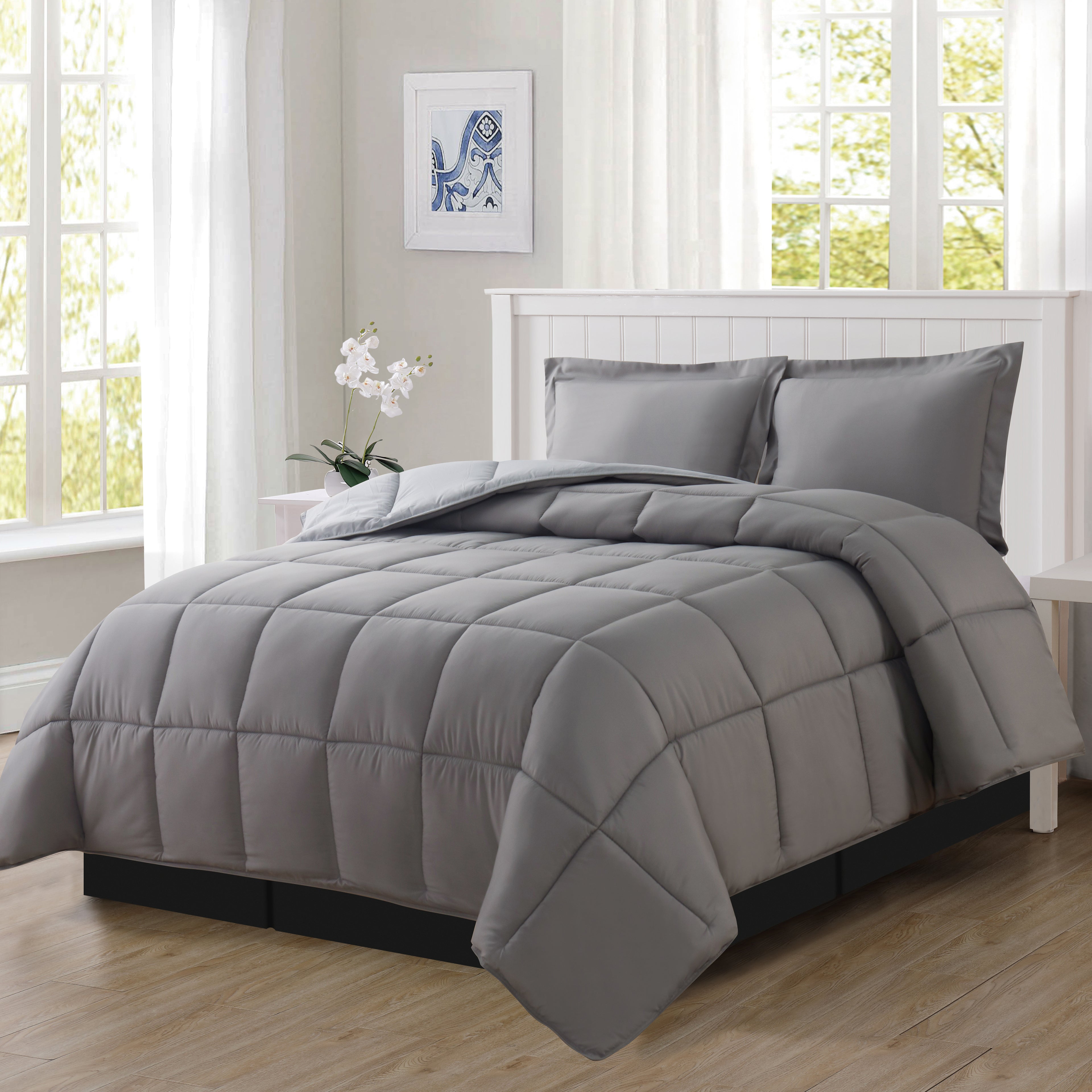 Reversible 3-Piece Box Stitched Comforter & Shams - Duvet Insert with 4 Corner Tabs