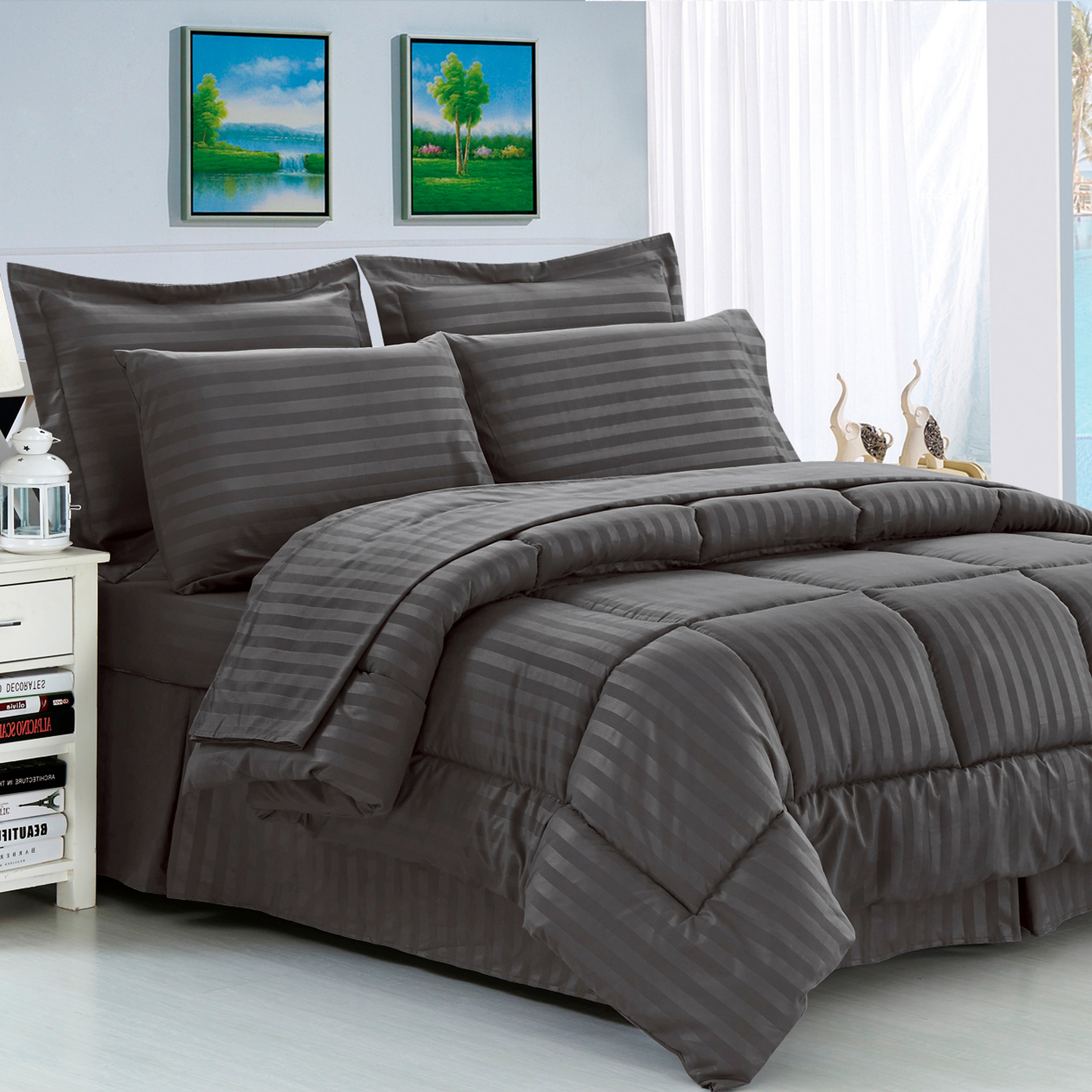 8-Piece Dobby Stripe Comforter Set - Includes 4-Piece Sheet Set with Double Sided Storage Pockets