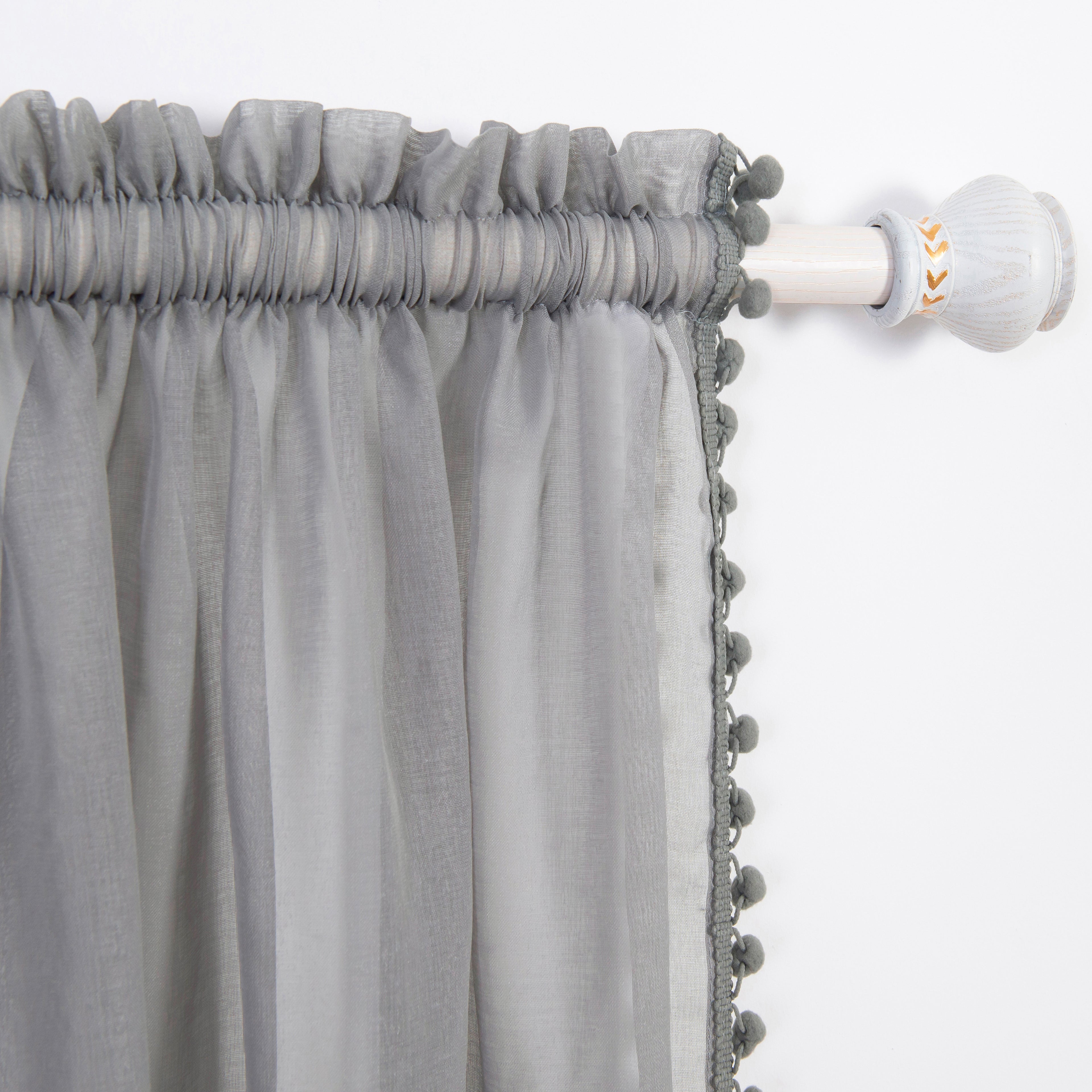 Set of 2 Pom Pom Tasseled Sheer Curtain - Rod Pocket