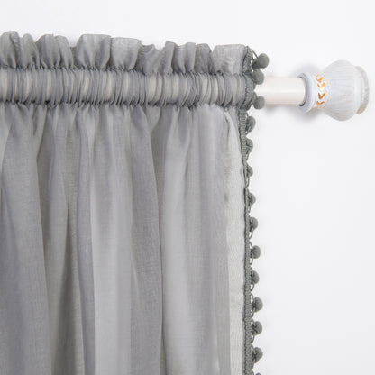 Elegant Comfort Set of 2 Pom Pom Tasseled Sheer Curtain - Rod Pocket