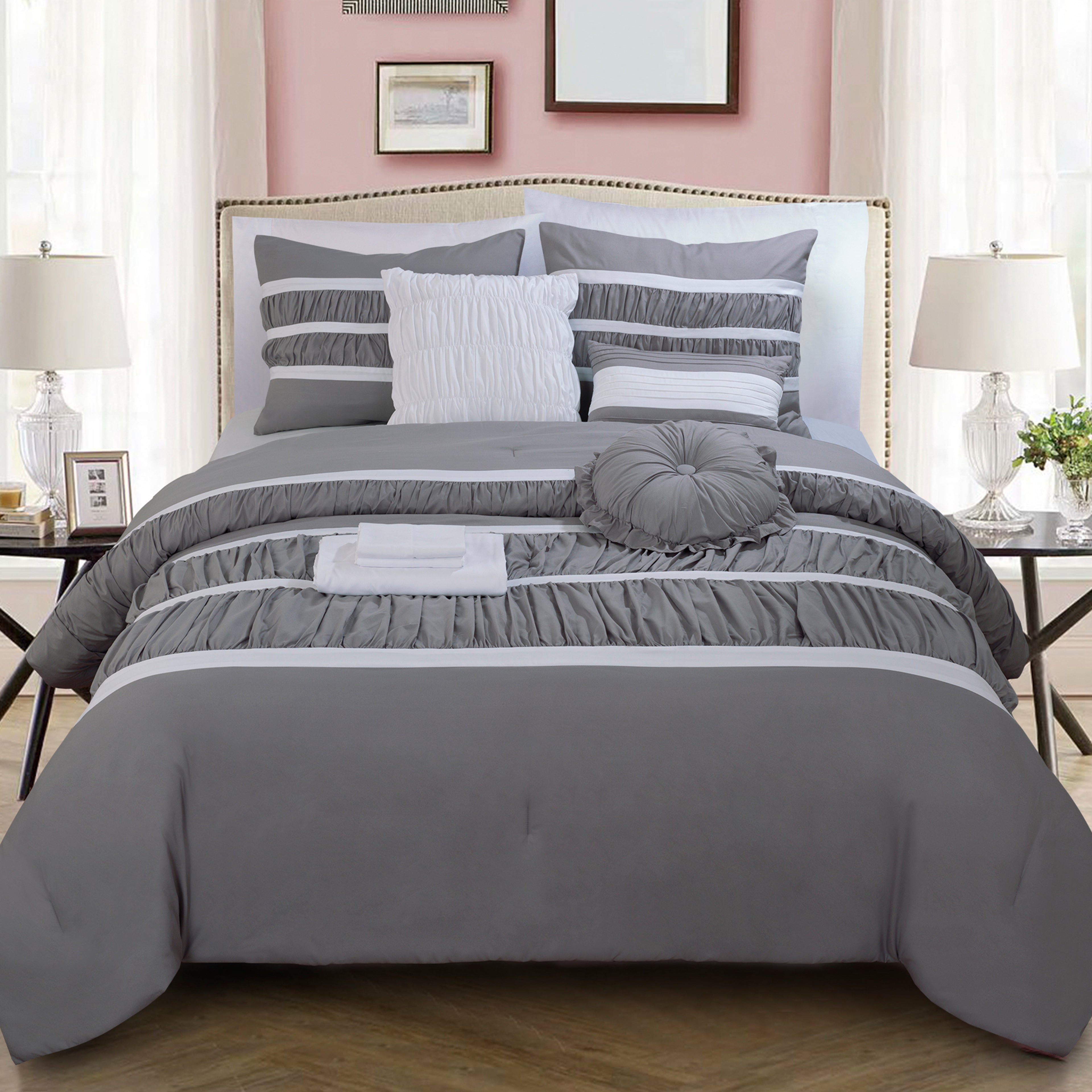 12-Piece Isabella Pleated Ruched Ruffled Comforter Set, Includes 6-Piece Sheet Set with Double Sided Storage Pockets