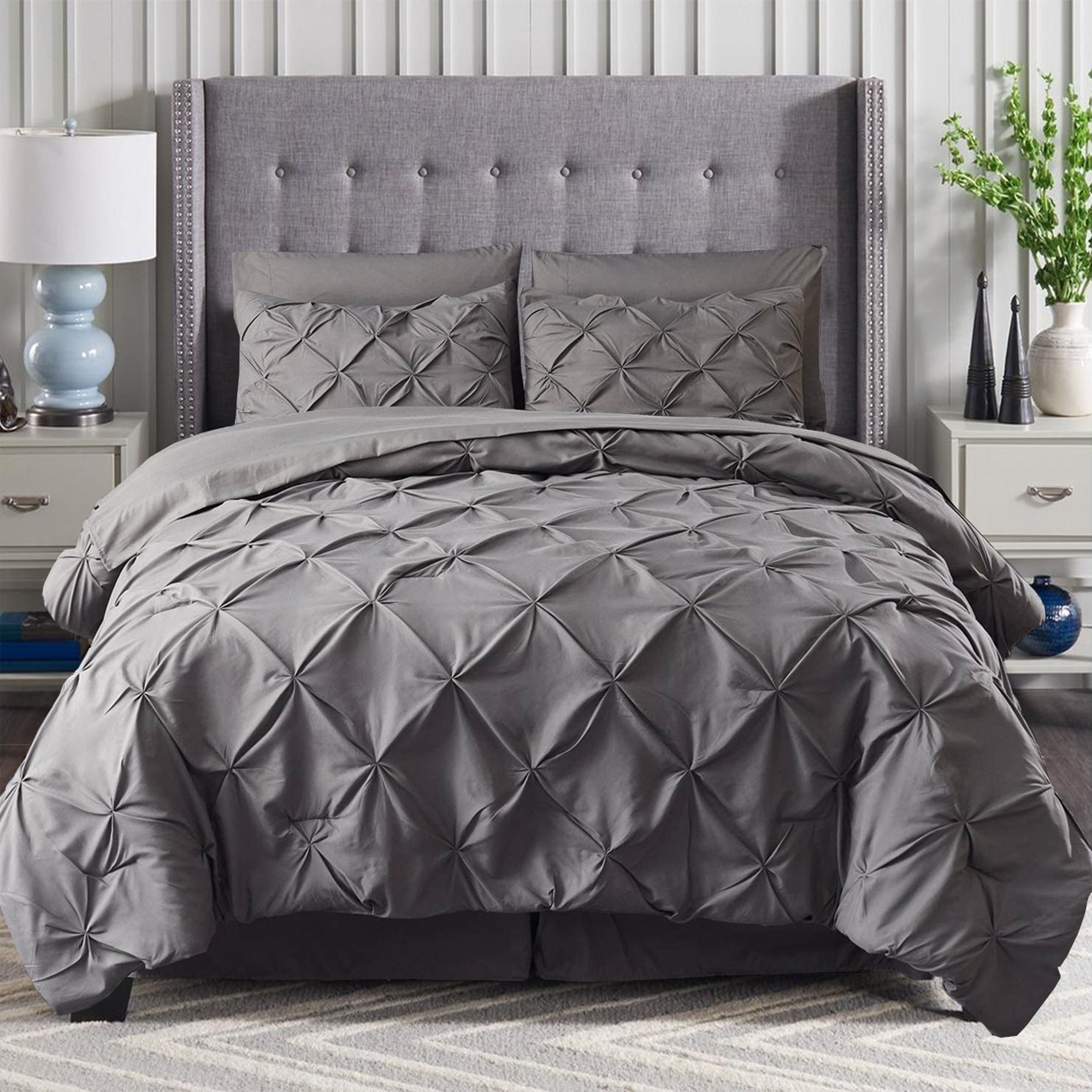 8-Piece Pintuck Pinch Pleated Comforter Set - Includes 4-Piece Sheet Set with Double Sided Storage Pockets