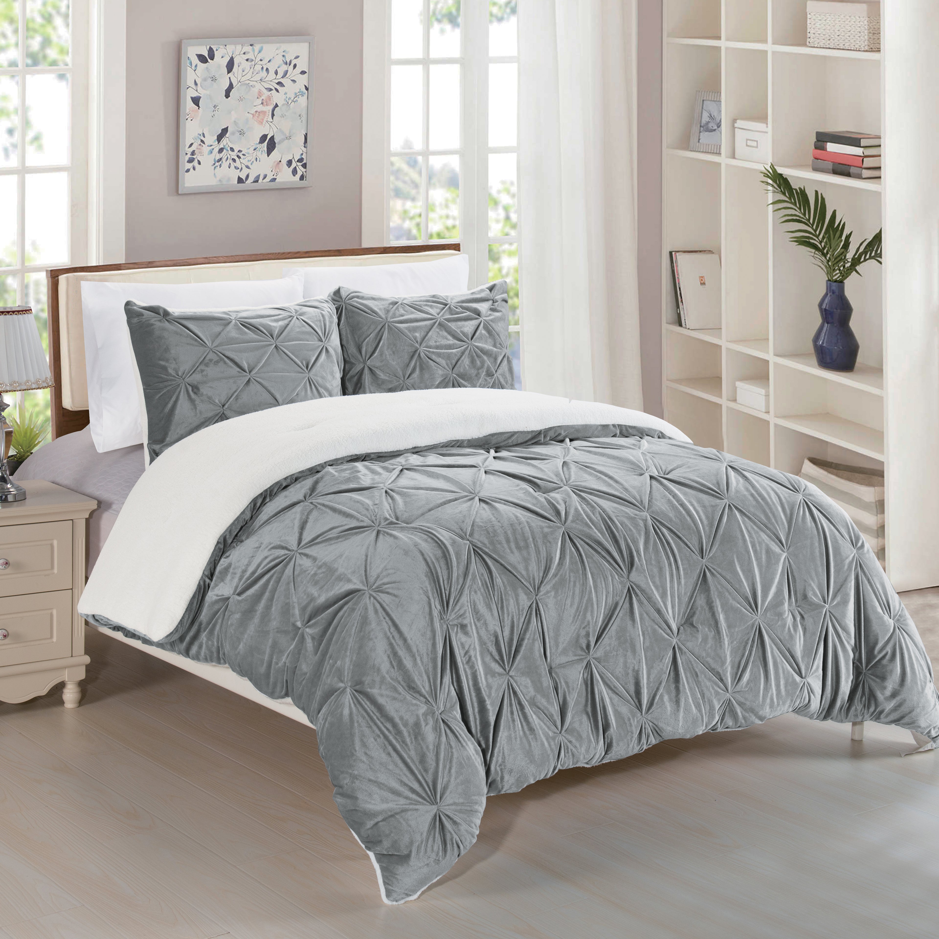 3-Piece Pinch Pleated Micro-Suede Reversible Sherpa - Comforter Set
