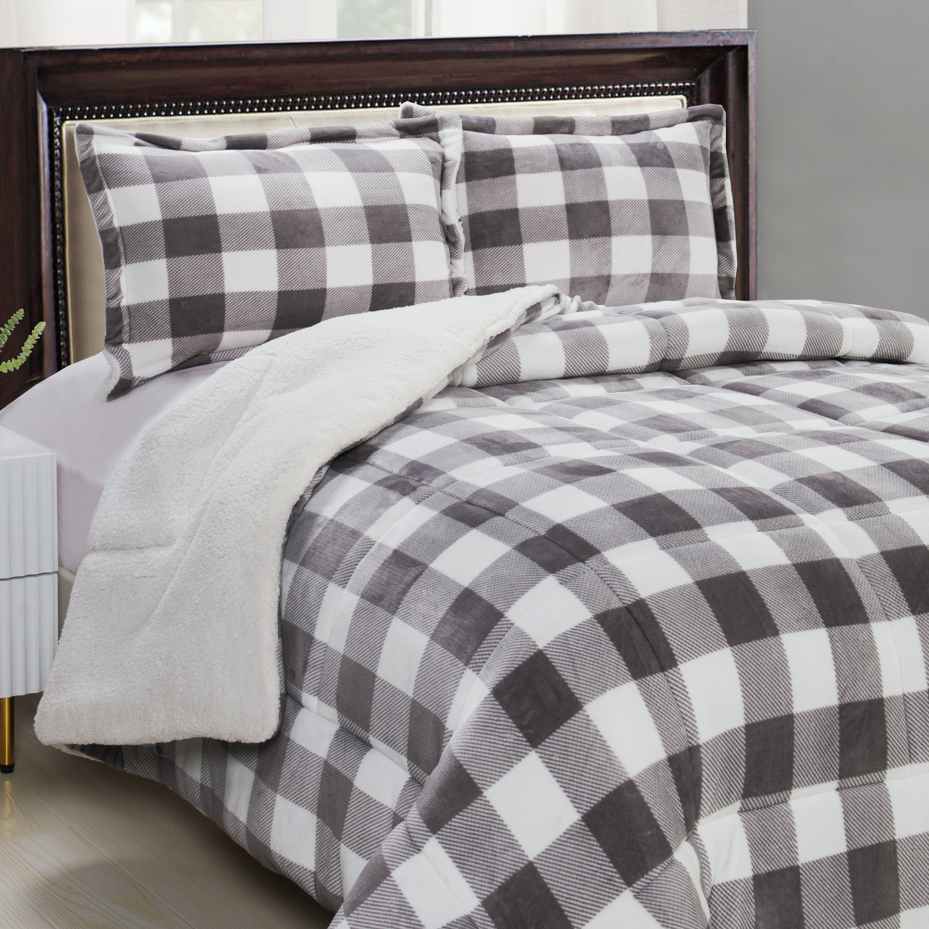 3-Piece Buffalo Micro-Suede Reversible Sherpa - Lodge-Plaid Pattern Comforter Set