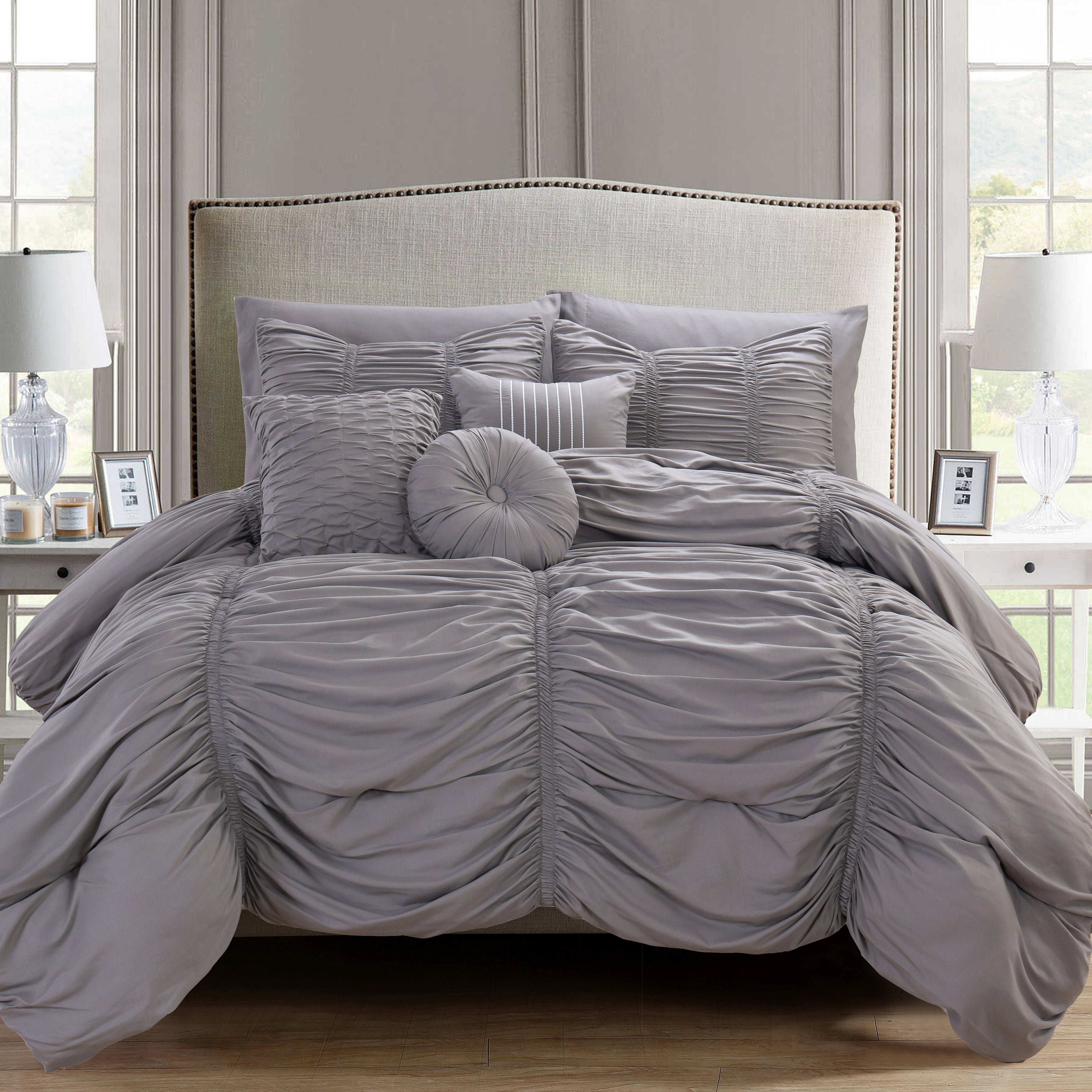 10-Piece Pleated Comforter Set - Includes 4-Piece Sheet Set with Double Sided Storage Pockets