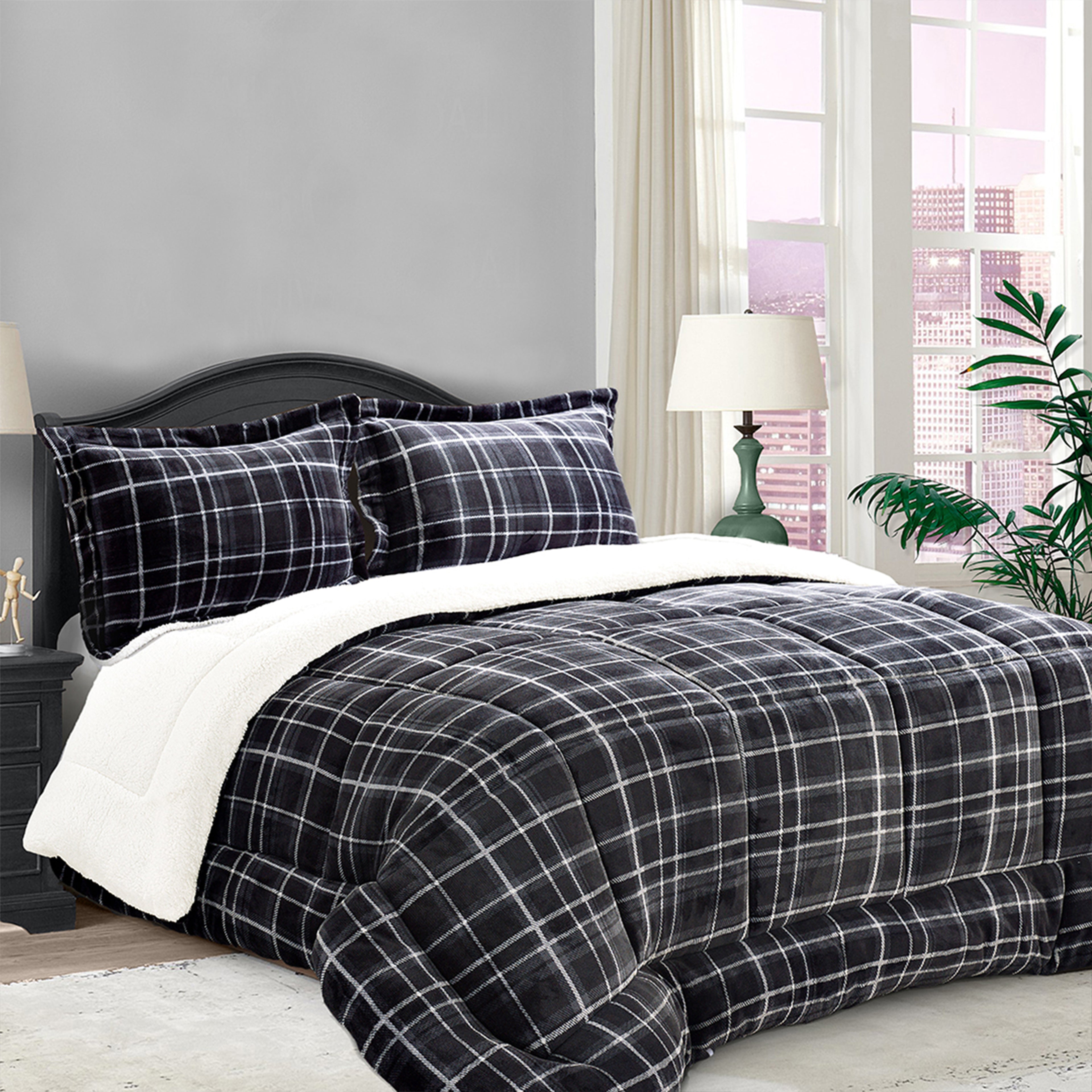 3-Piece Plaid Micro-Suede Reversible Sherpa - Comforter Set