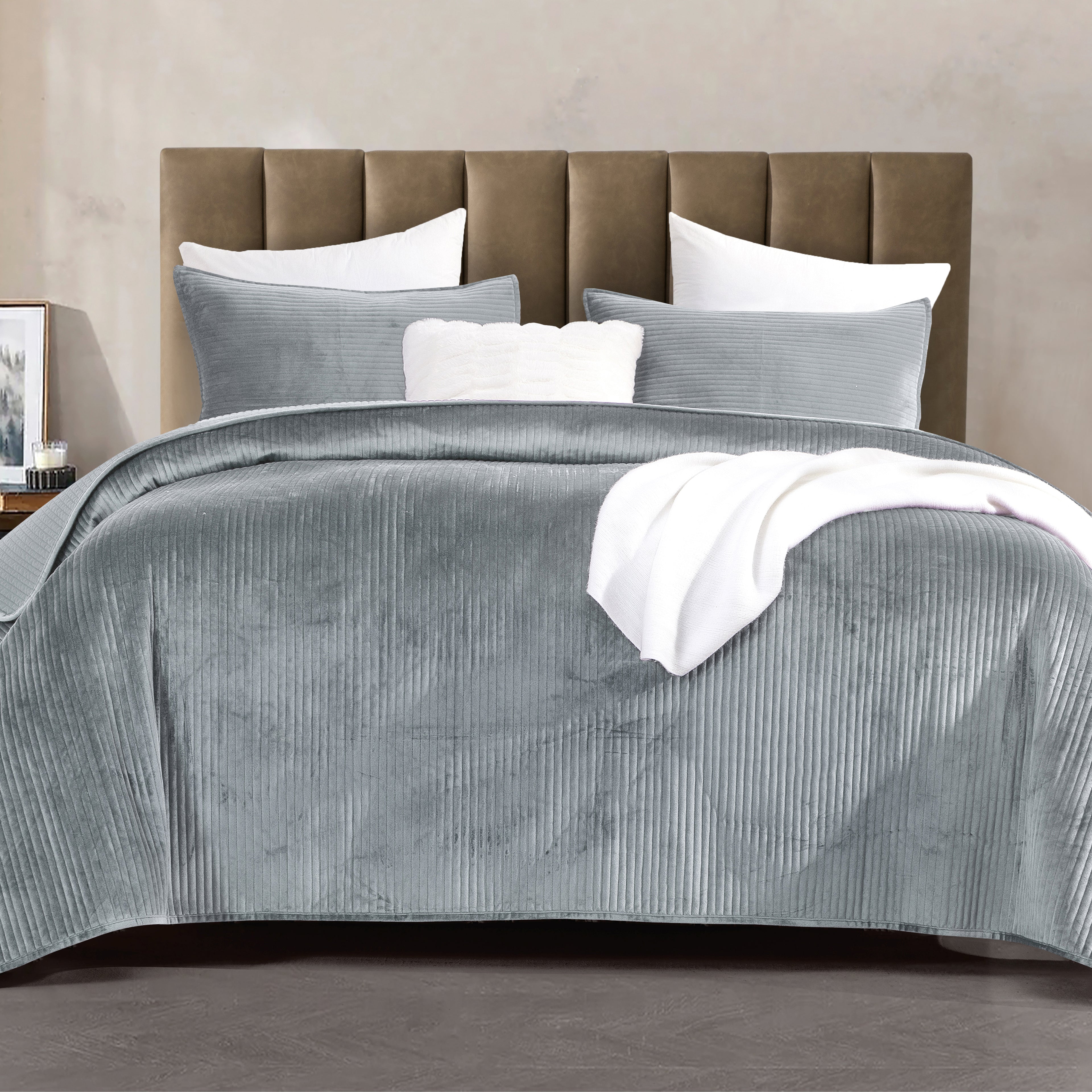 3-Piece Velvet Corduroy Stripe Quilted Bedspread Coverlet Set
