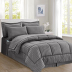 8-Piece Dobby Stripe Comforter Set - Includes 4-Piece Sheet Set with Double Sided Storage Pockets