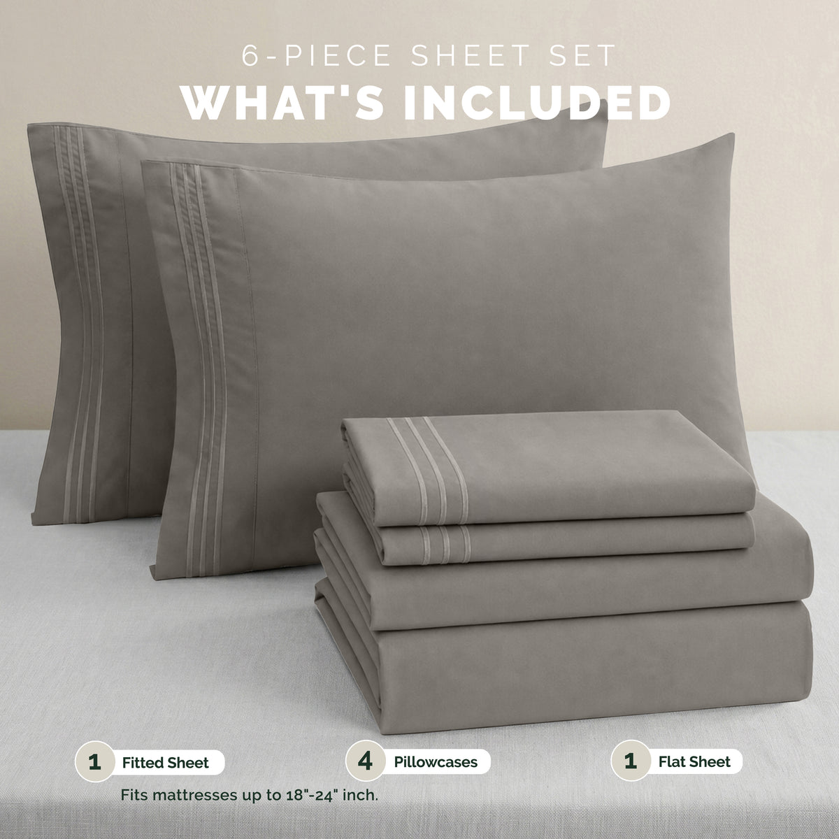 Extra deep 18-24 Inch Pocket 3 Line Embroidery, 6-Piece Sheet Set, Moody Shades