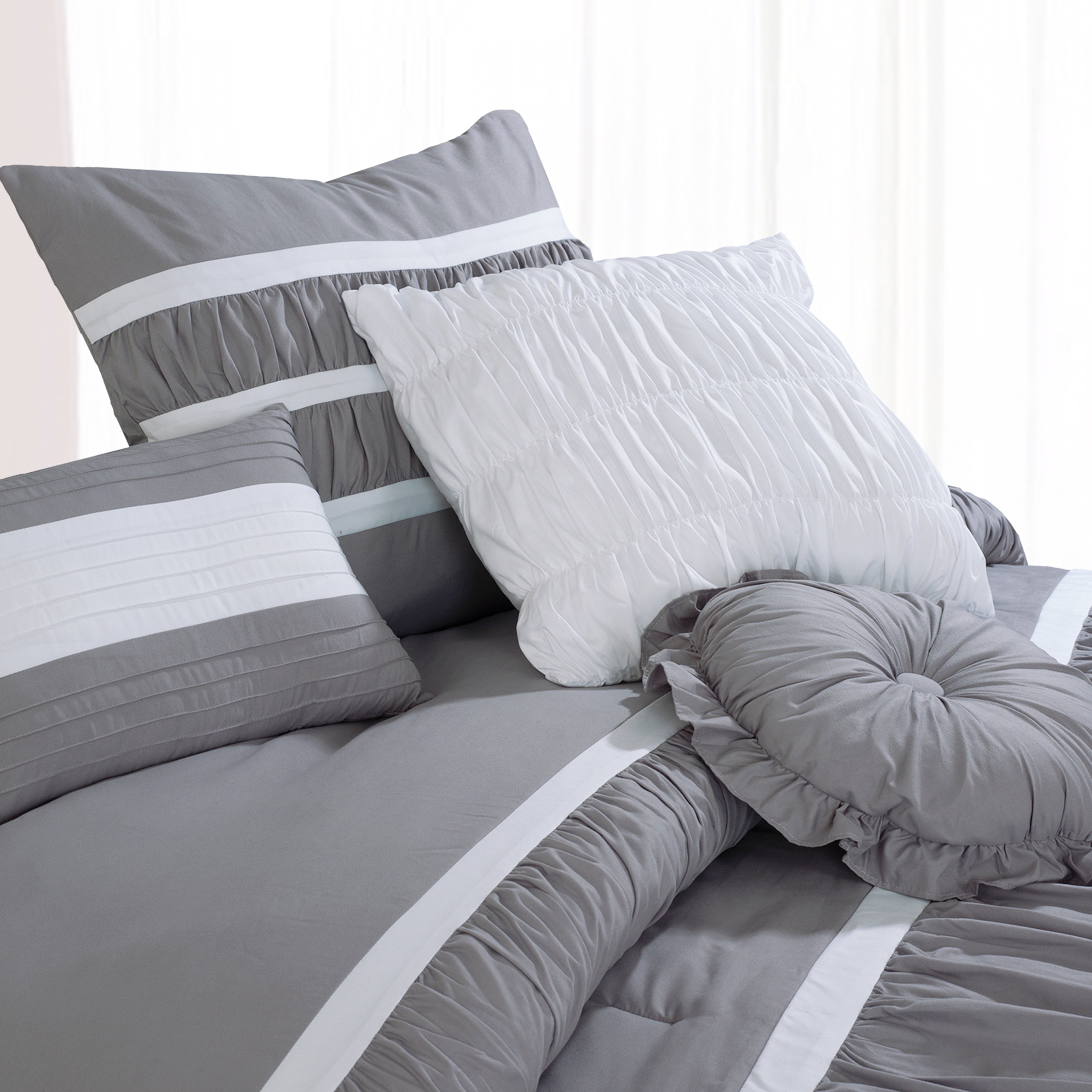 12-Piece Isabella Pleated Ruched Ruffled Comforter Set, Includes 6-Piece Sheet Set with Double Sided Storage Pockets