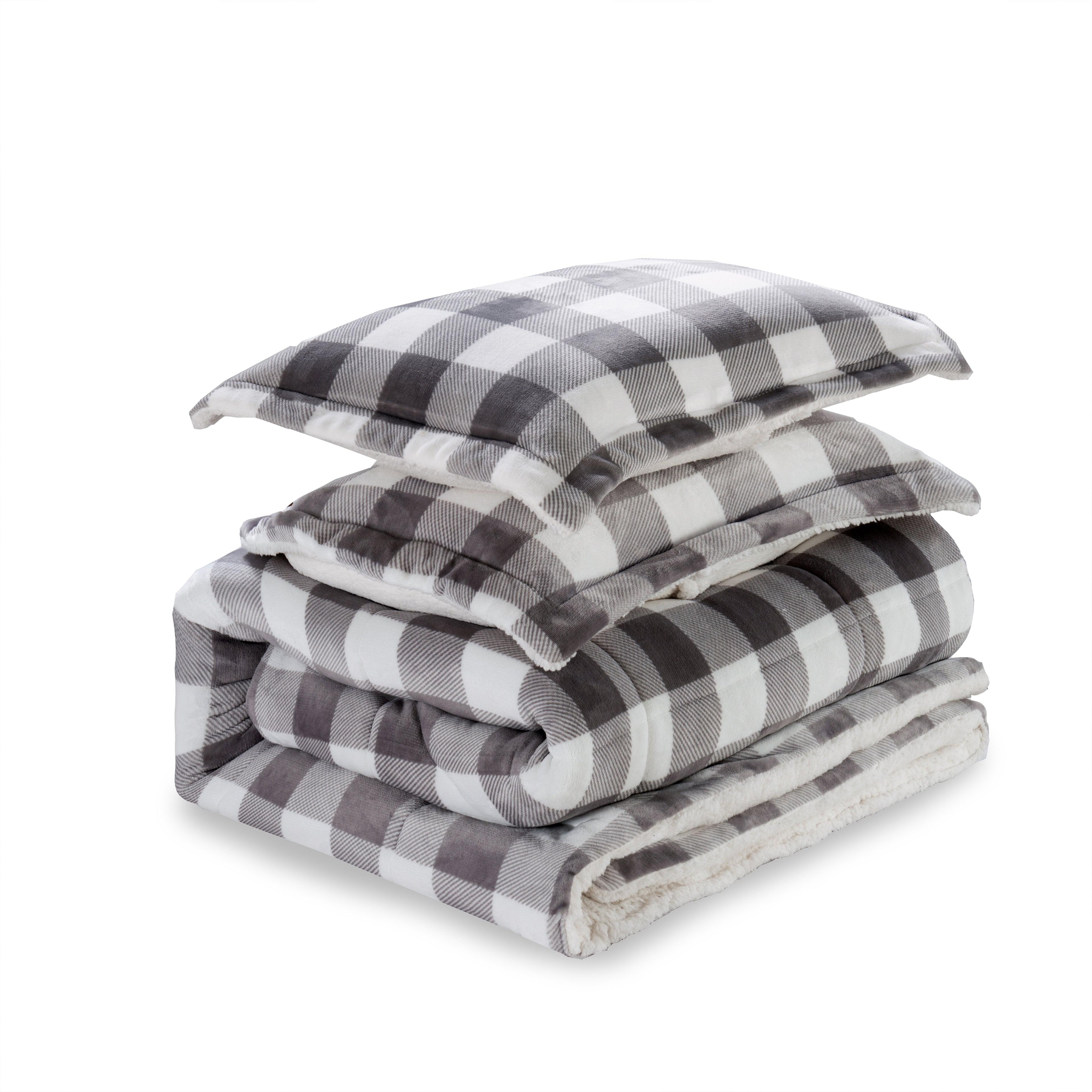 3-Piece Buffalo Micro-Suede Reversible Sherpa - Lodge-Plaid Pattern Comforter Set