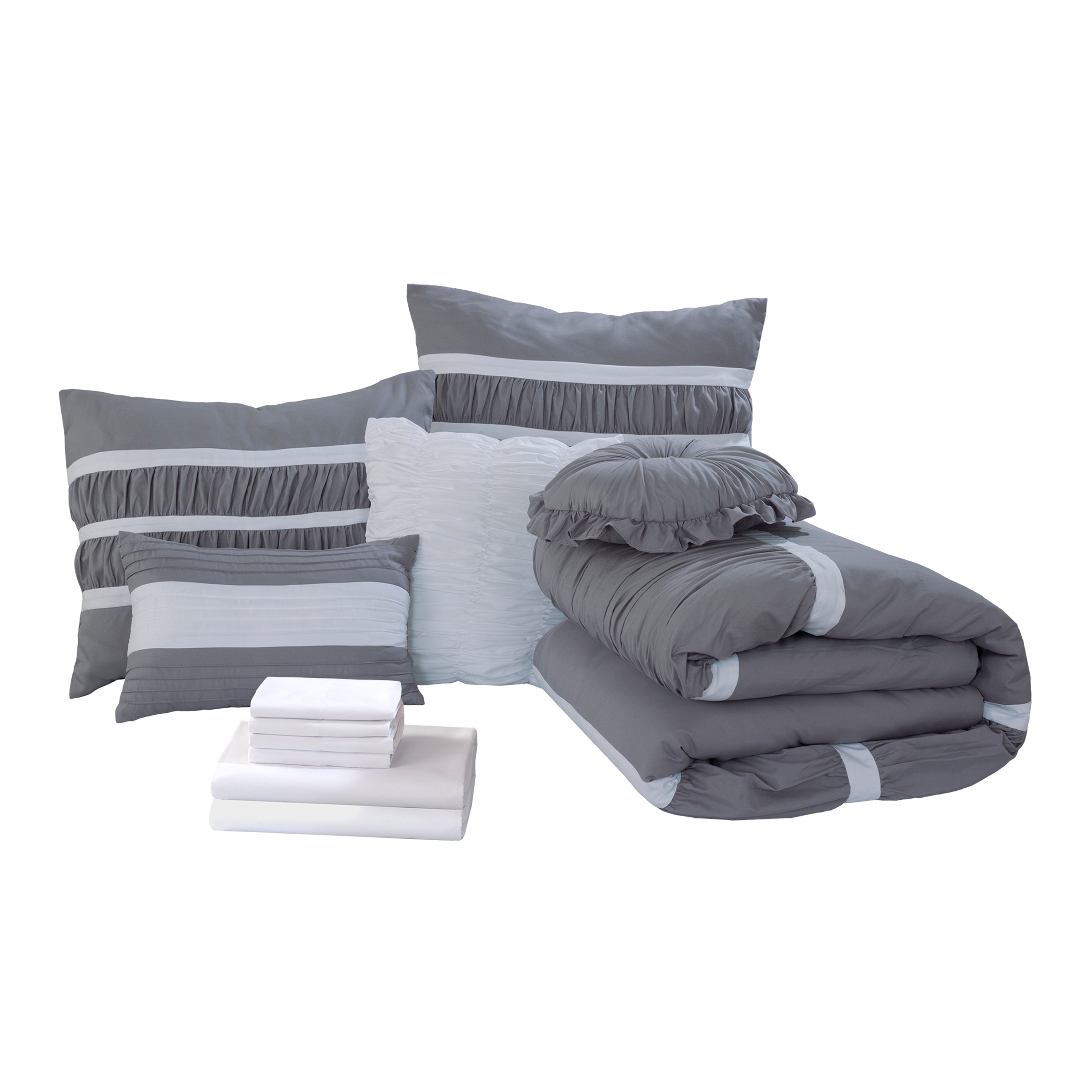 12-Piece Isabella Pleated Ruched Ruffled Comforter Set, Includes 6-Piece Sheet Set with Double Sided Storage Pockets