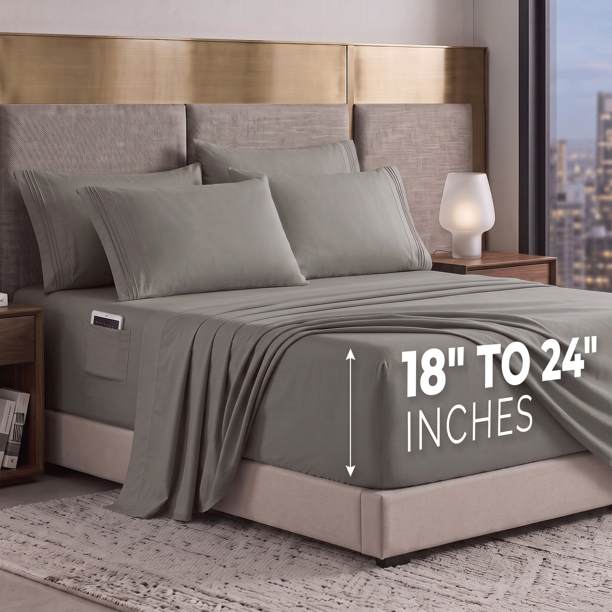 Extra deep 18-24 Inch Pocket 3 Line Embroidery, 6-Piece Sheet Set, Moody Shades