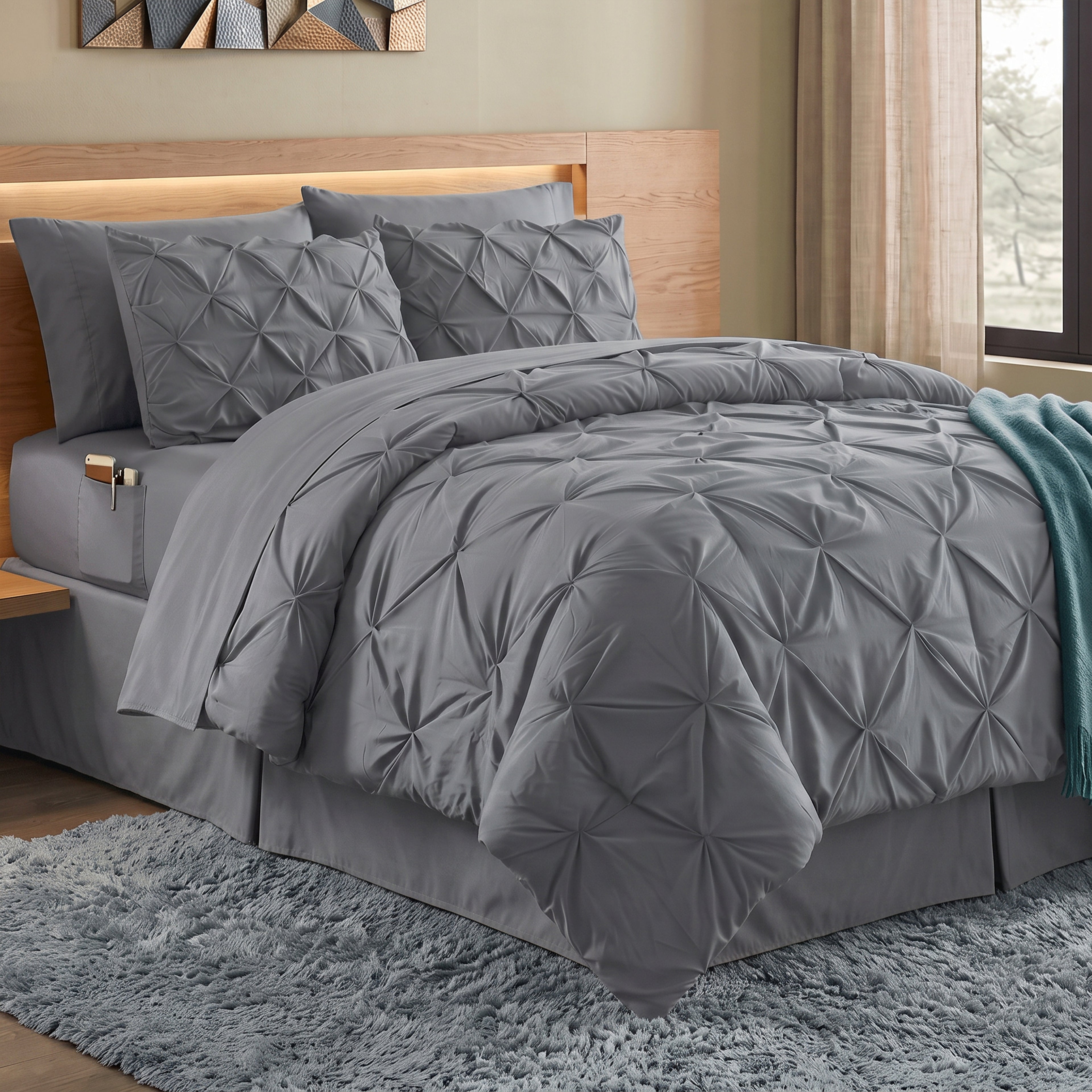8-Piece Pintuck Pinch Pleated Comforter Set - Includes 4-Piece Sheet Set with Double Sided Storage Pockets