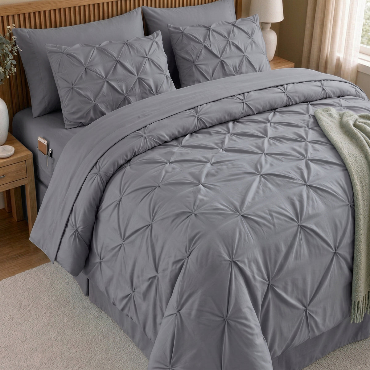 8-Piece Pintuck Pinch Pleated Comforter Set - Includes 4-Piece Sheet Set with Double Sided Storage Pockets