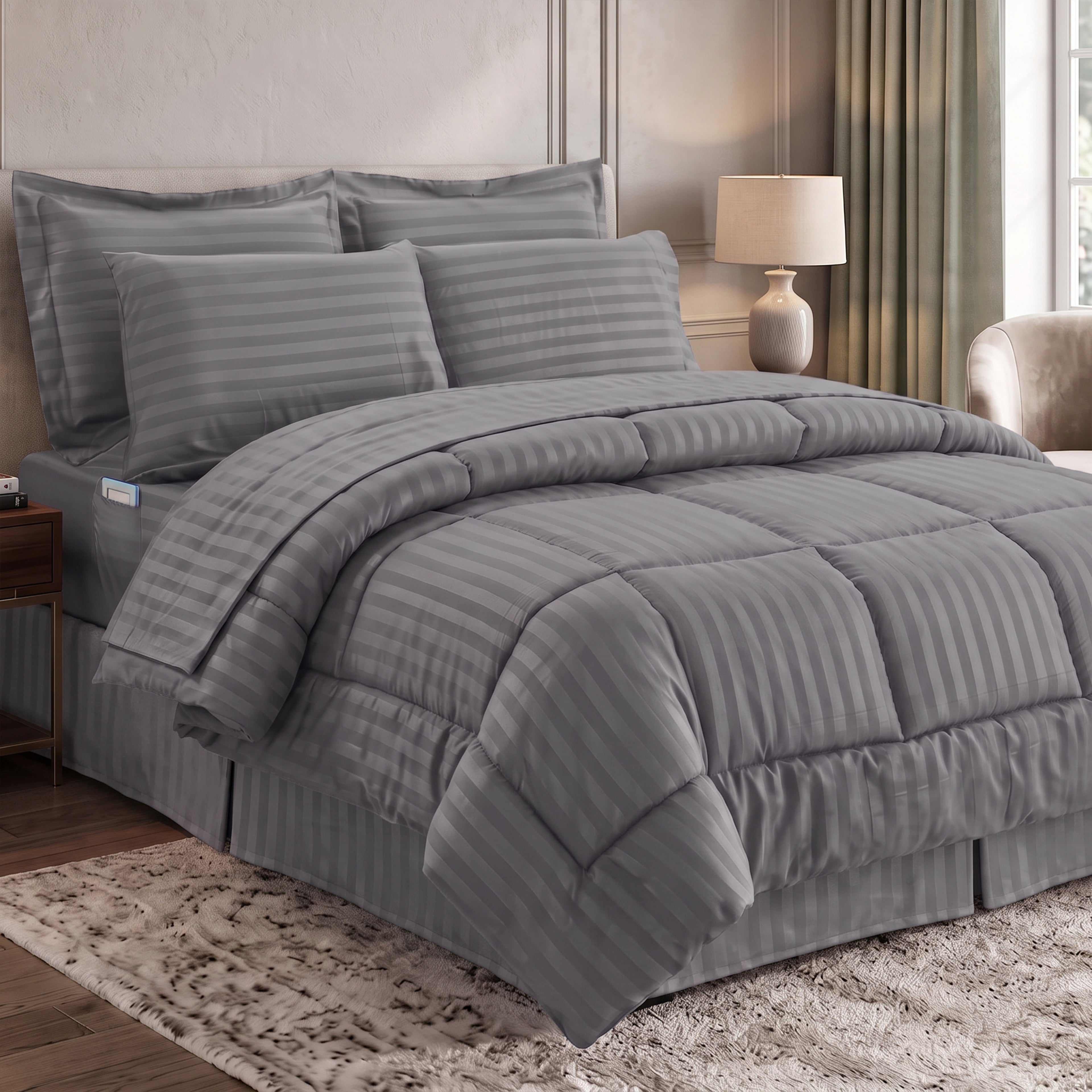 8-Piece Dobby Stripe Comforter Set - Includes 4-Piece Sheet Set with Double Sided Storage Pockets