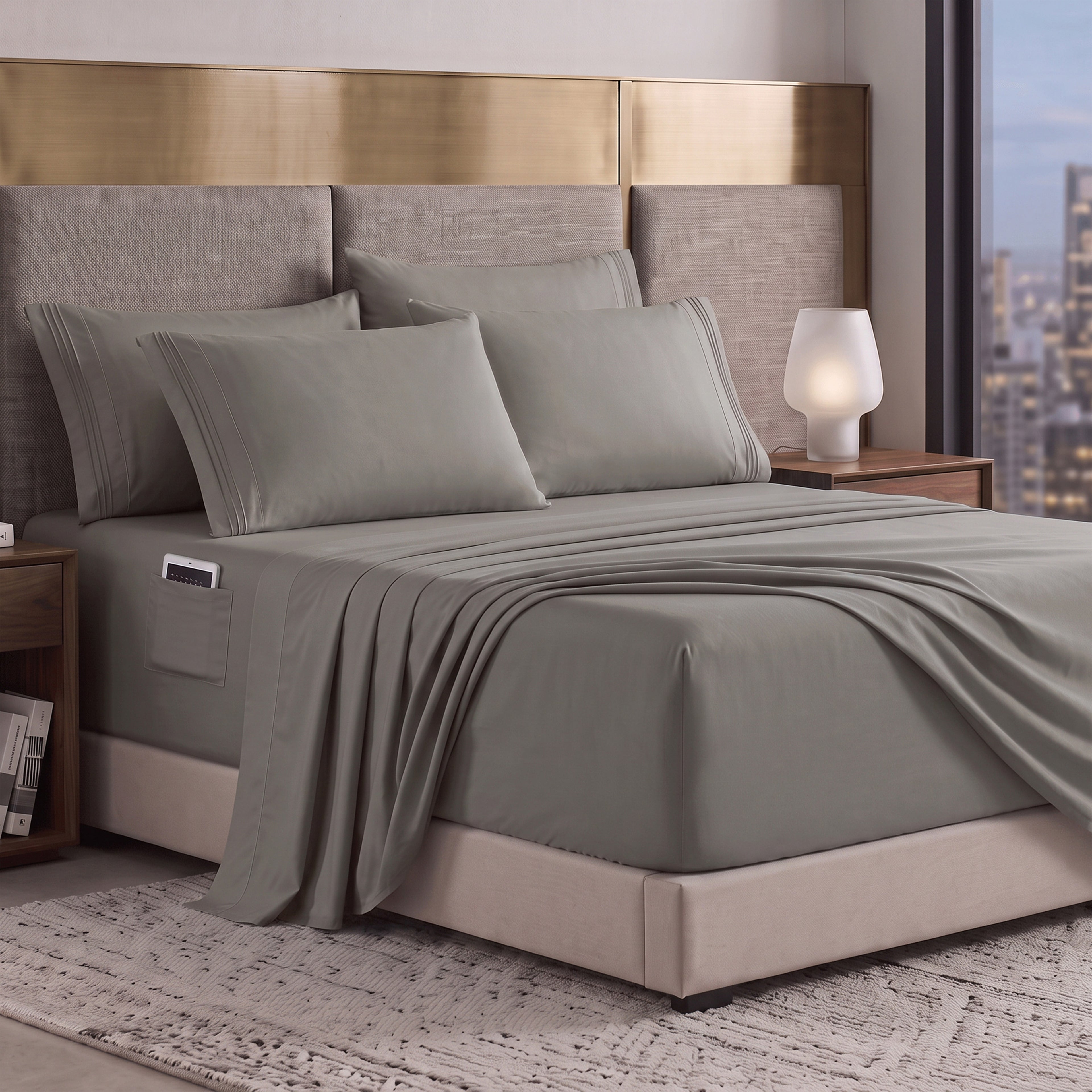Extra deep 18-24 Inch Pocket 3 Line Embroidery, 6-Piece Sheet Set, Moody Shades