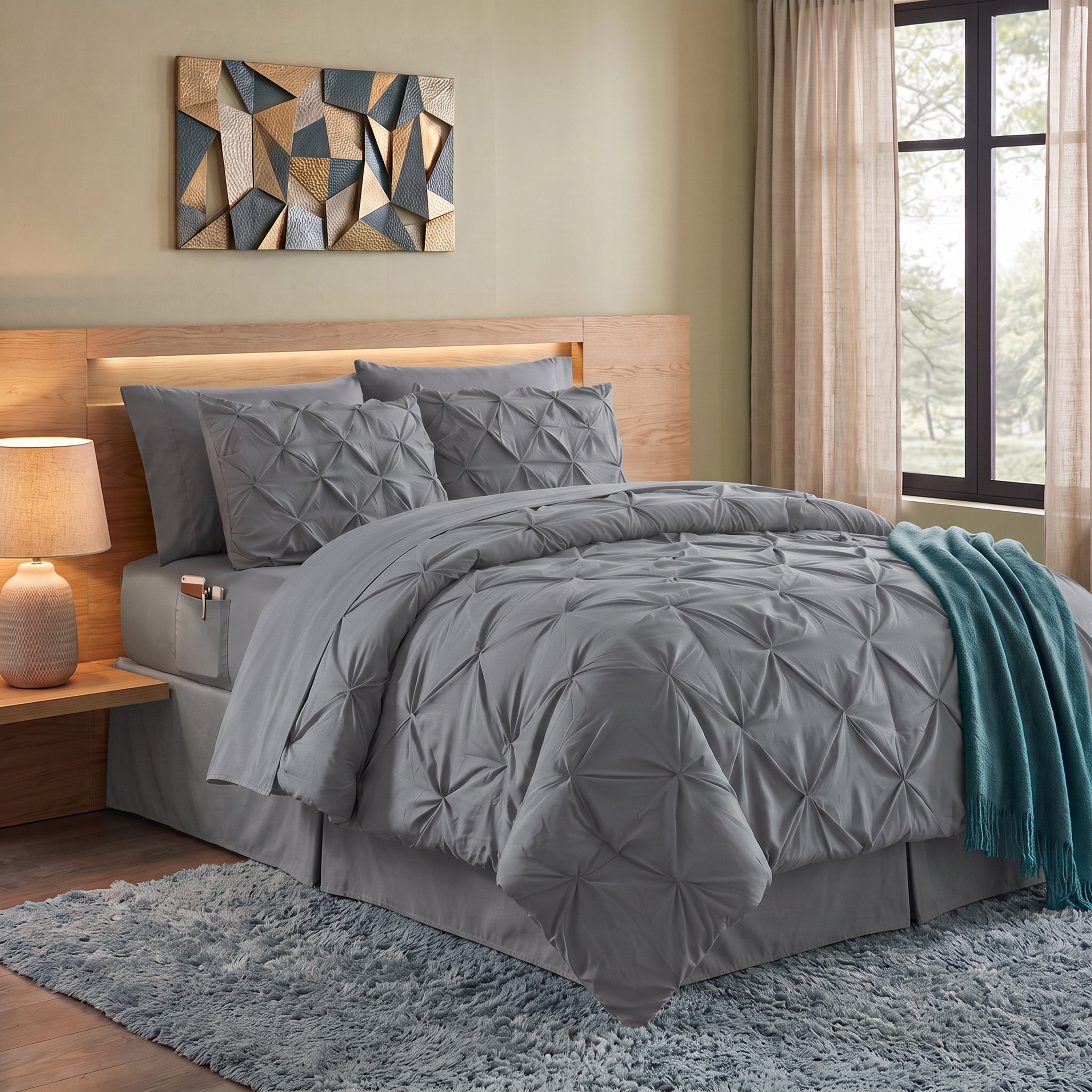 8-Piece Pintuck Pinch Pleated Comforter Set - Includes 4-Piece Sheet Set with Double Sided Storage Pockets