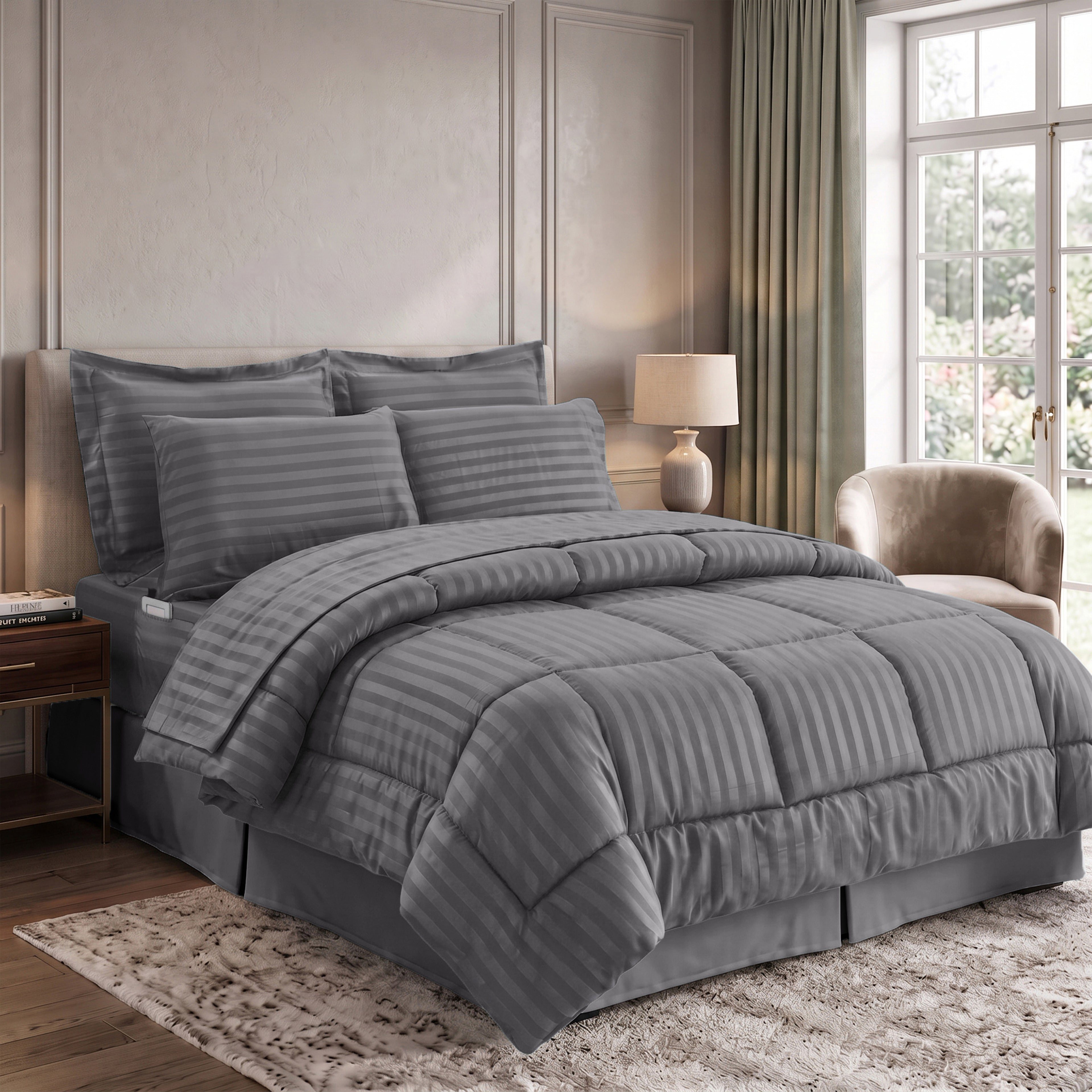 8-Piece Dobby Stripe Comforter Set - Includes 4-Piece Sheet Set with Double Sided Storage Pockets