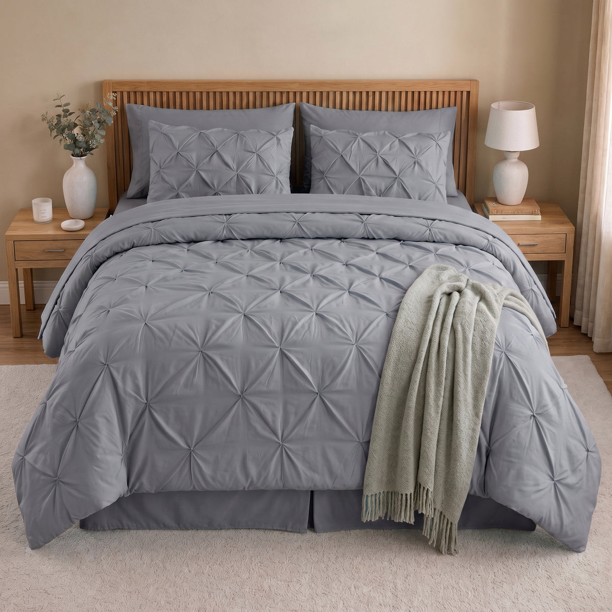 8-Piece Pintuck Pinch Pleated Comforter Set - Includes 4-Piece Sheet Set with Double Sided Storage Pockets