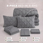 8-Piece Pintuck Pinch Pleated Comforter Set - Includes 4-Piece Sheet Set with Double Sided Storage Pockets