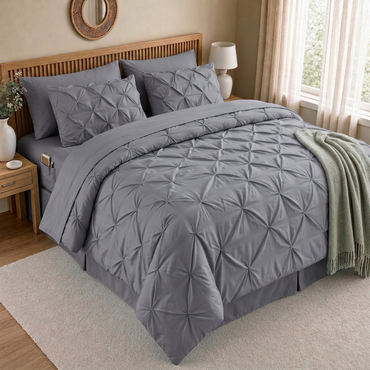 8-Piece Pintuck Pinch Pleated Comforter Set - Includes 4-Piece Sheet Set with Double Sided Storage Pockets