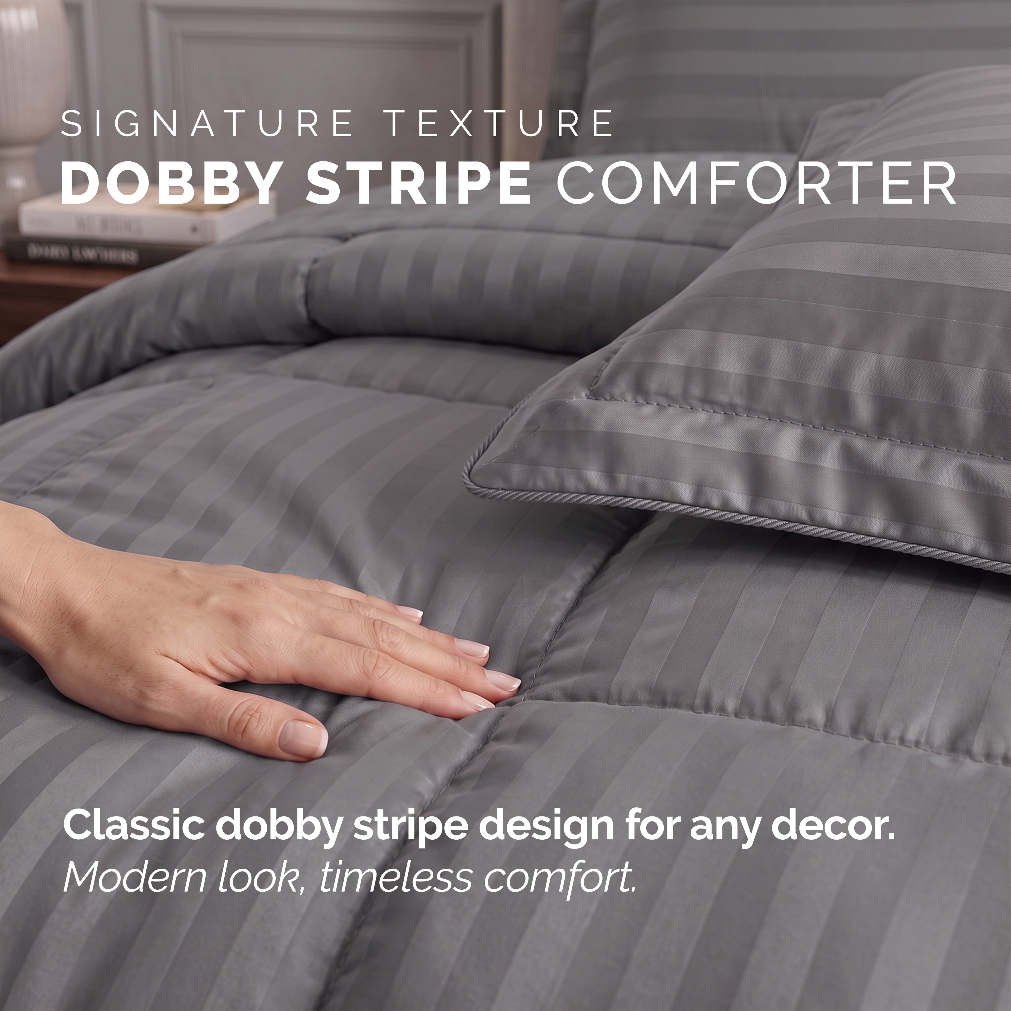 8-Piece Dobby Stripe Comforter Set - Includes 4-Piece Sheet Set with Double Sided Storage Pockets