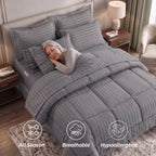 8-Piece Dobby Stripe Comforter Set - Includes 4-Piece Sheet Set with Double Sided Storage Pockets