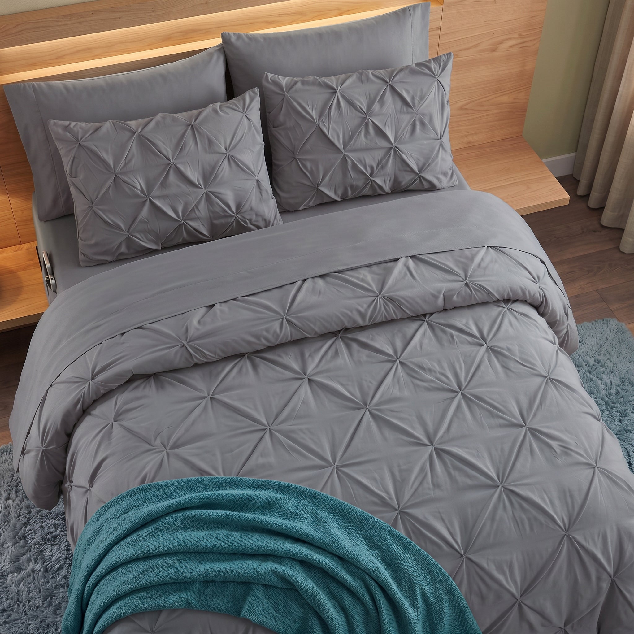 8-Piece Pintuck Pinch Pleated Comforter Set - Includes 4-Piece Sheet Set with Double Sided Storage Pockets