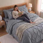 8-Piece Pintuck Pinch Pleated Comforter Set - Includes 4-Piece Sheet Set with Double Sided Storage Pockets