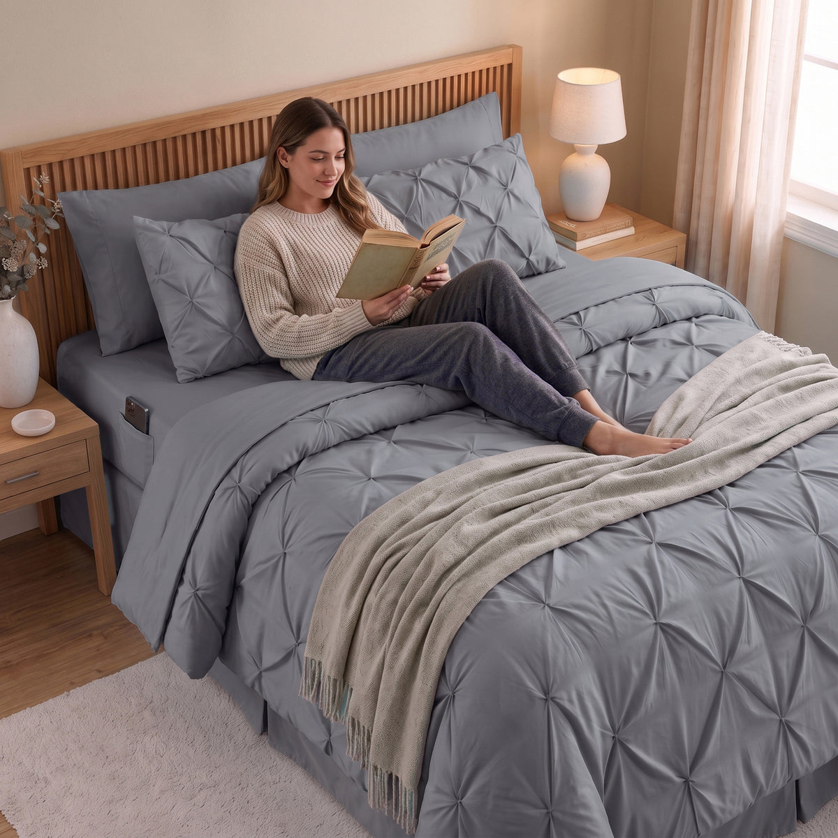 8-Piece Pintuck Pinch Pleated Comforter Set - Includes 4-Piece Sheet Set with Double Sided Storage Pockets