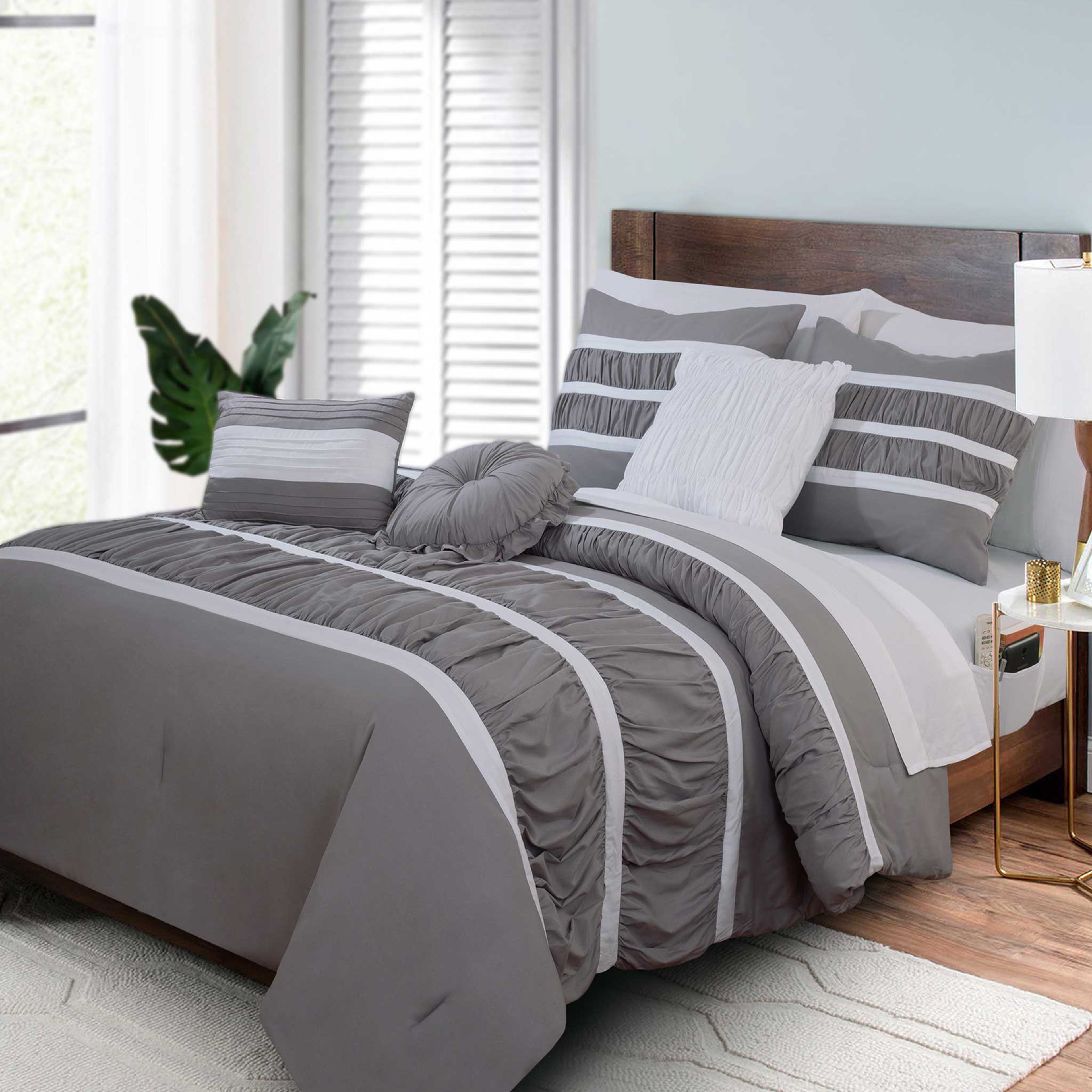 12-Piece Isabella Pleated Ruched Ruffled Comforter Set, Includes 6-Piece Sheet Set with Double Sided Storage Pockets