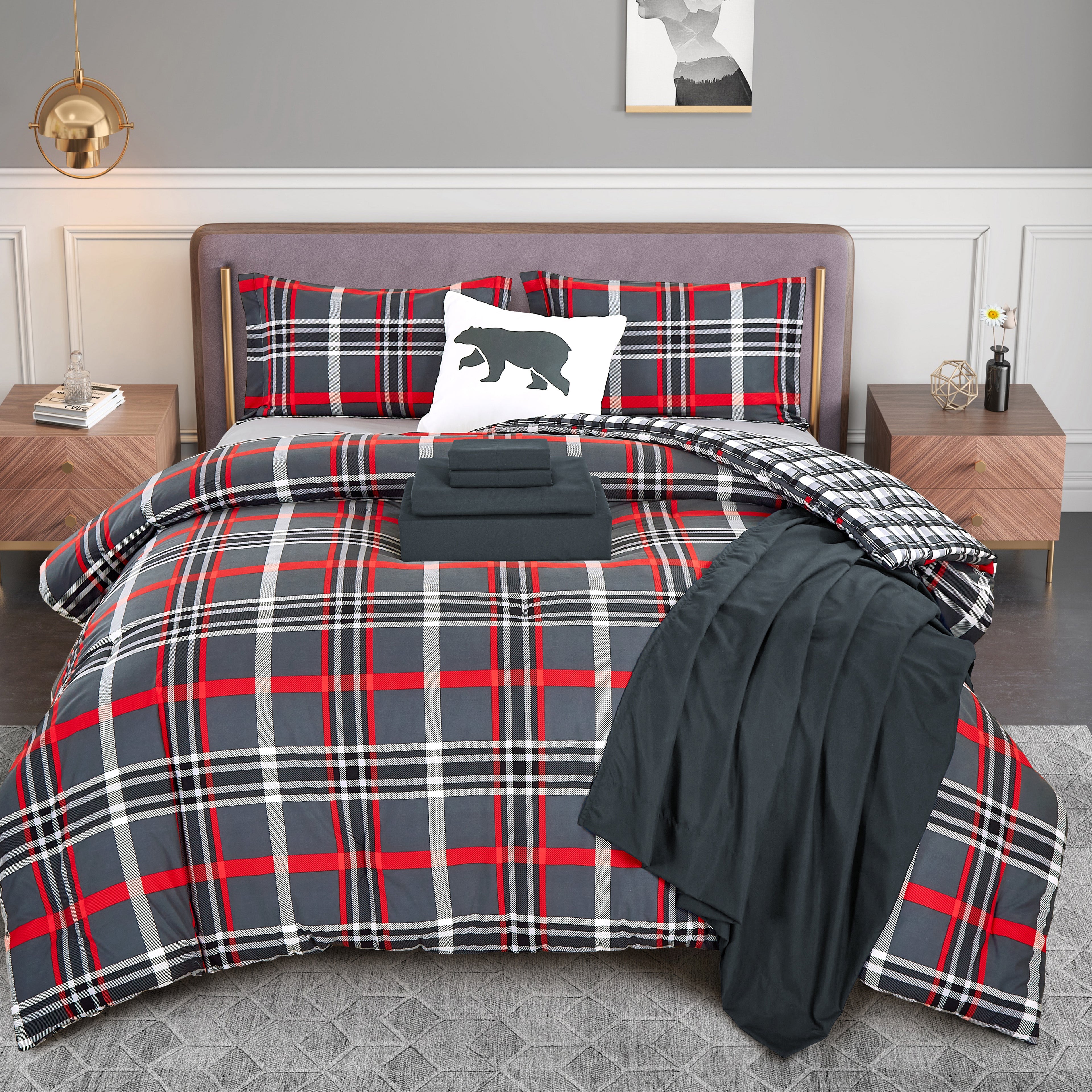 8-Piece Lodge Plaid and Patch Reversible Comforter Set - Includes 4-Piece Sheet Set with Double Sided Storage Pockets
