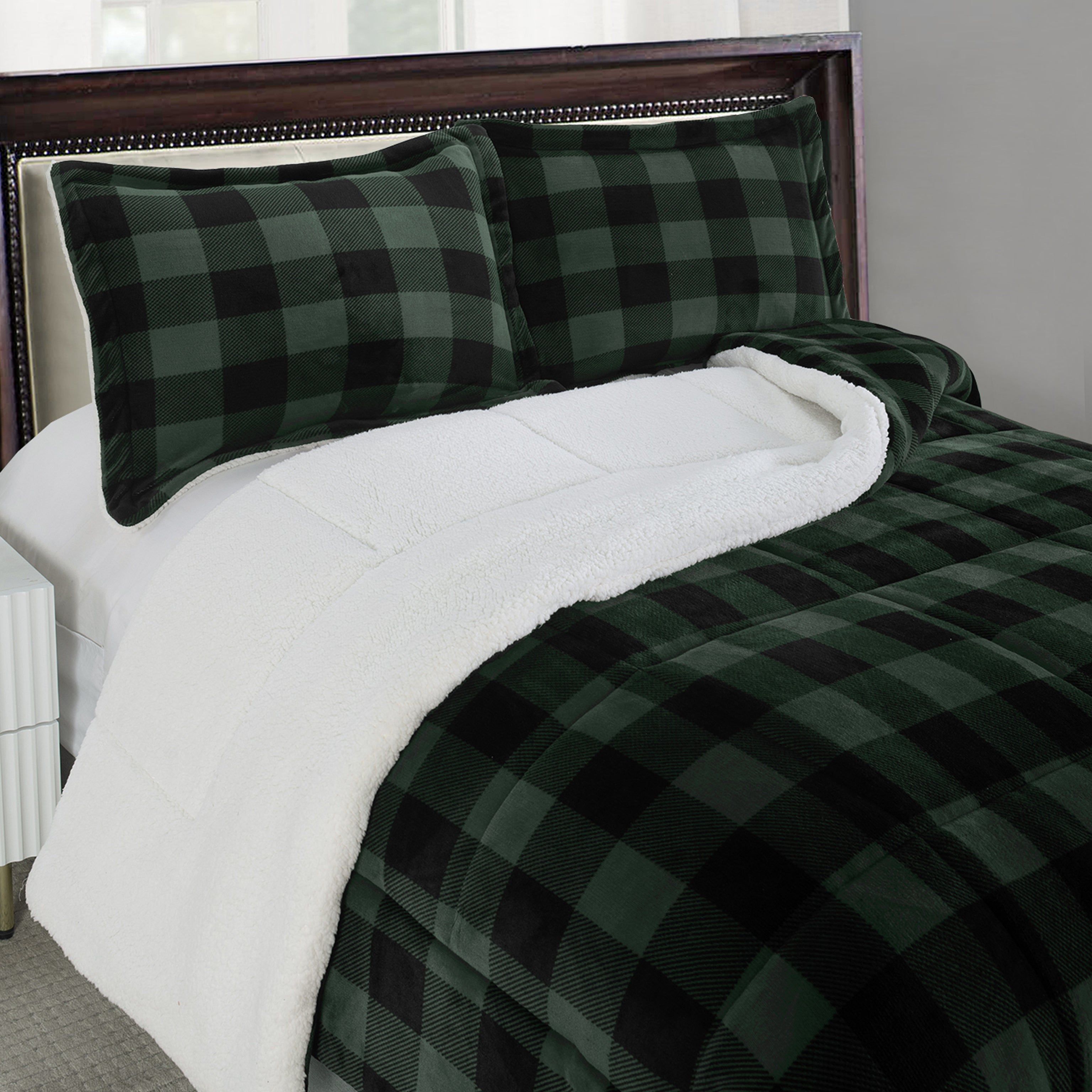 3-Piece Buffalo Micro-Suede Reversible Sherpa - Lodge-Plaid Pattern Comforter Set