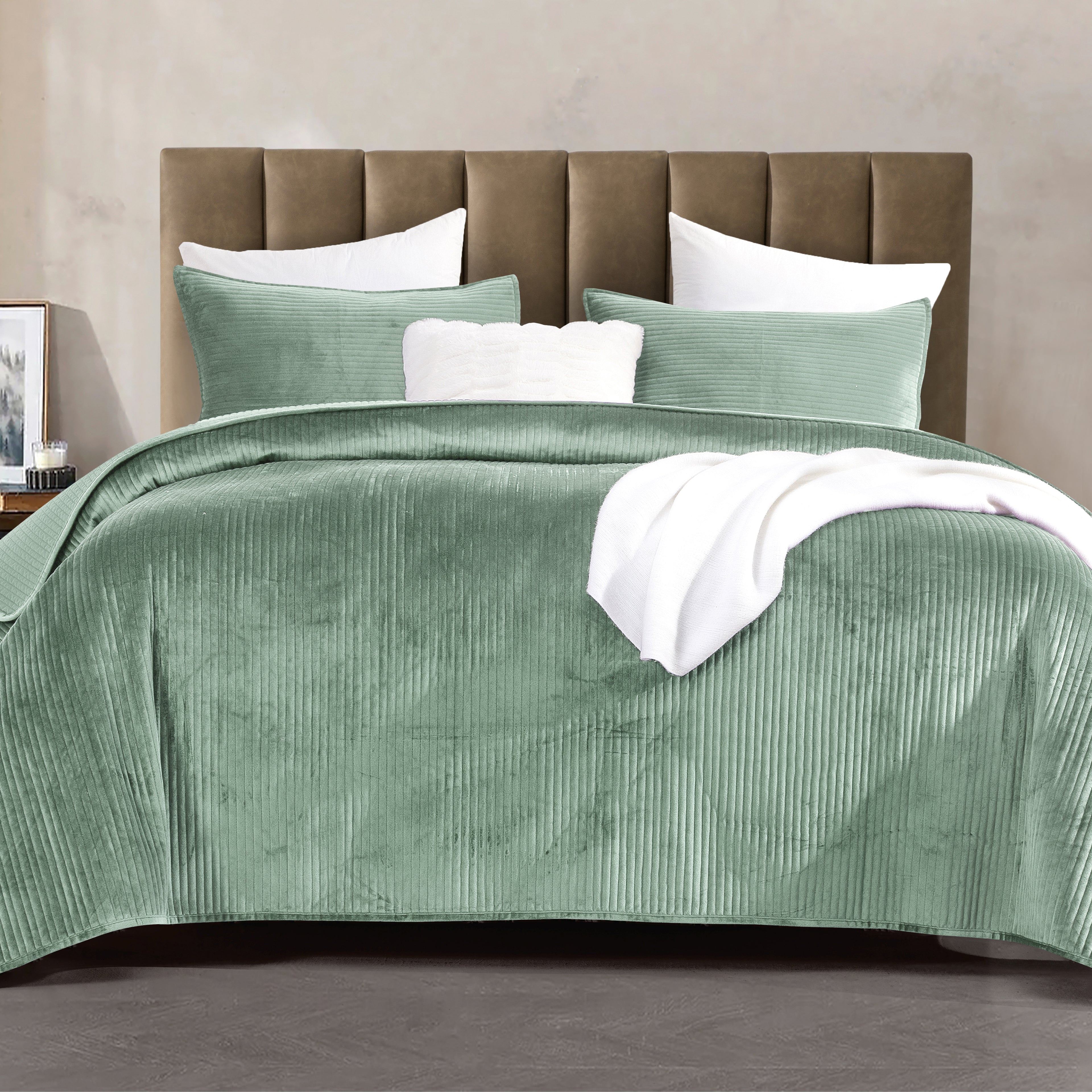 3-Piece Velvet Corduroy Stripe Quilted Bedspread Coverlet Set