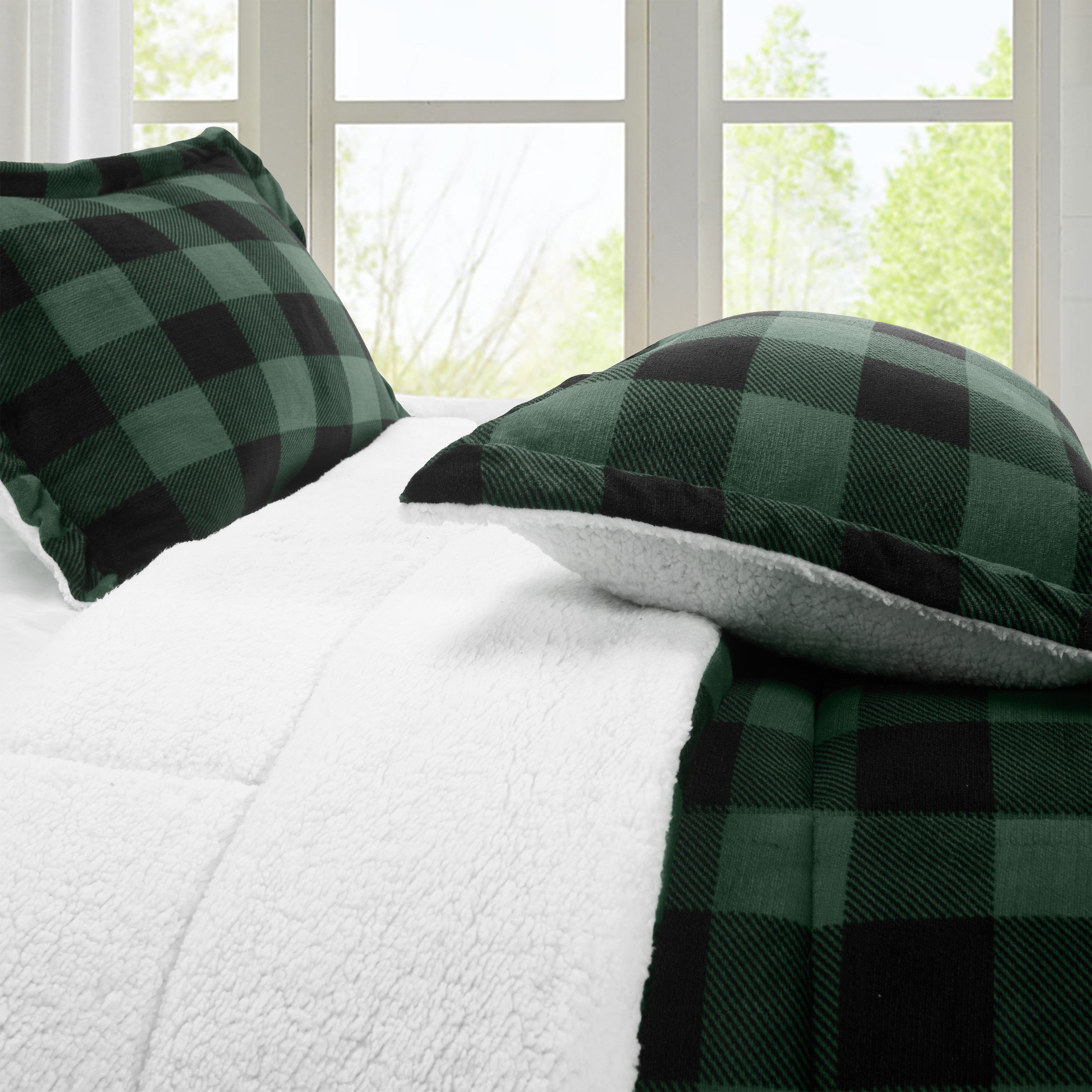 3-Piece Buffalo Micro-Suede Reversible Sherpa - Lodge-Plaid Pattern Comforter Set