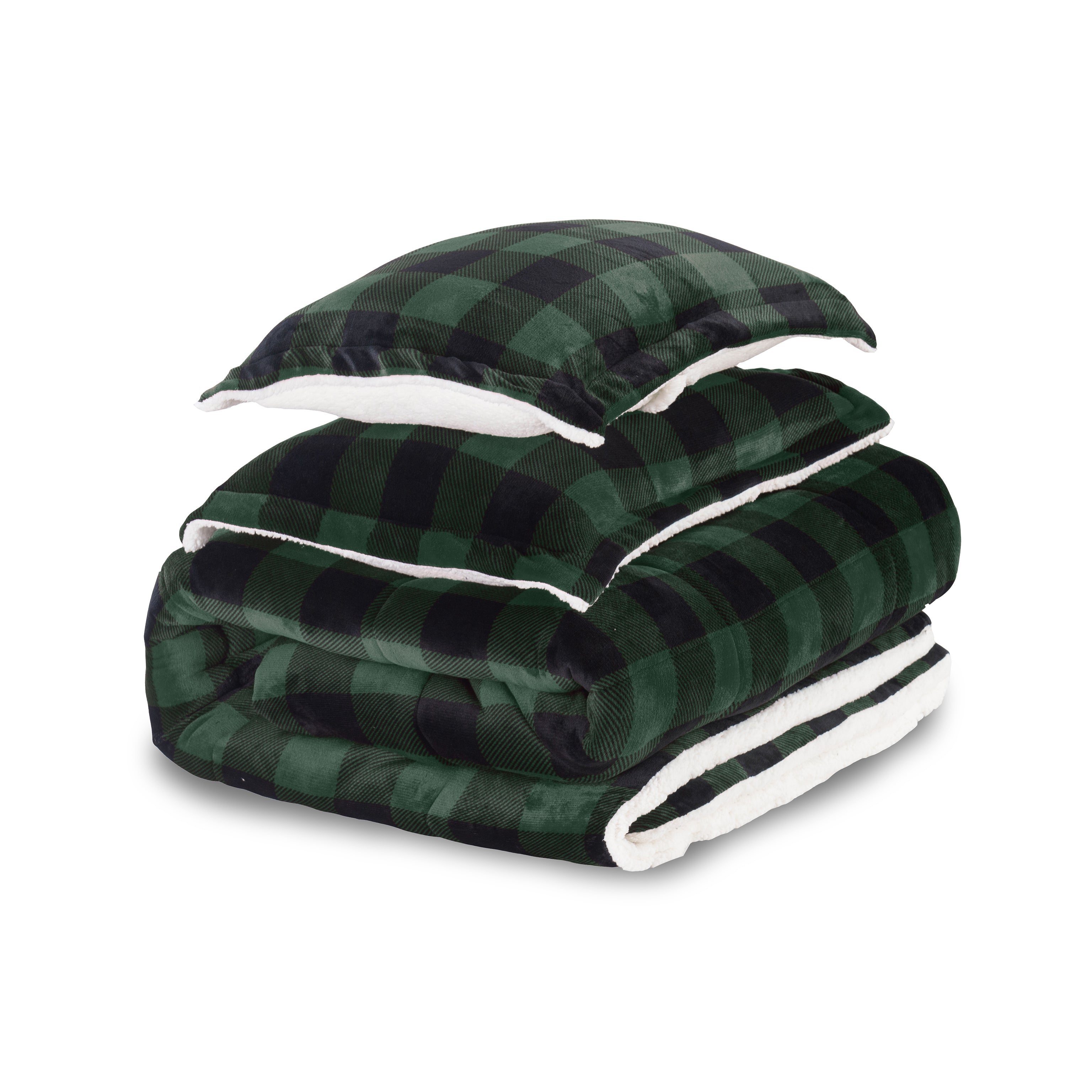 3-Piece Buffalo Micro-Suede Reversible Sherpa - Lodge-Plaid Pattern Comforter Set